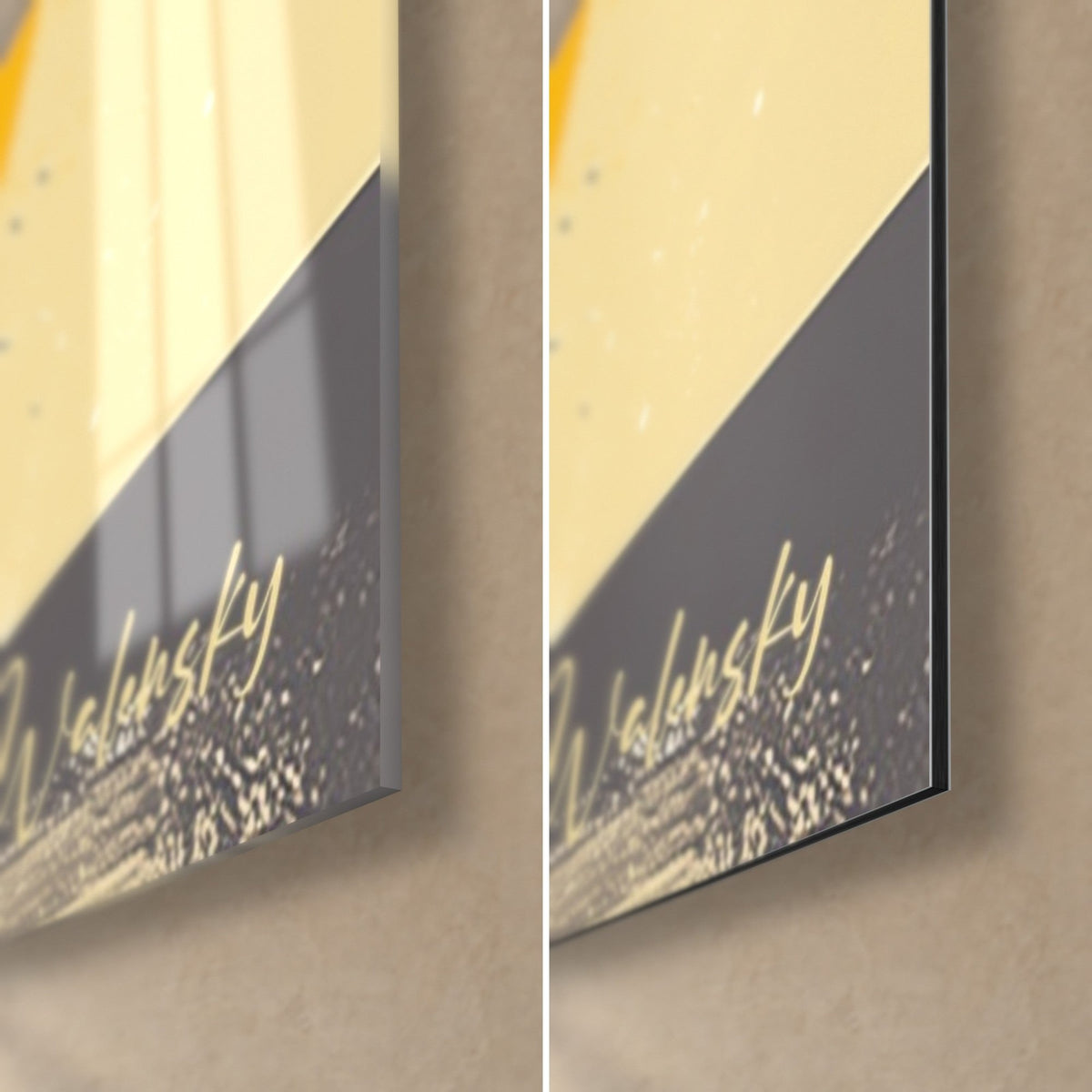 Wall art black olive tree and yellow sun, bottom right corner: glossy acrylic glass on the left, matte grey Dibond aluminum on the right, 3 mm edge