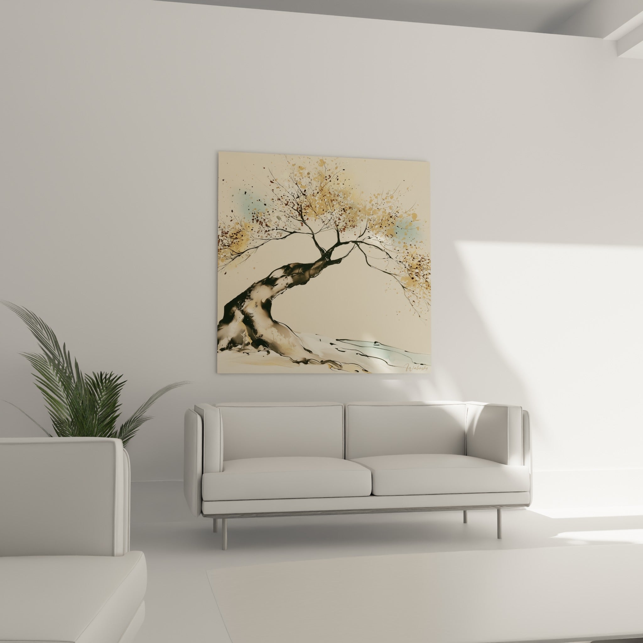 Branches noires courbées et éclats dorés lumineux au-dessus d'un canapé dans un salon lumineux