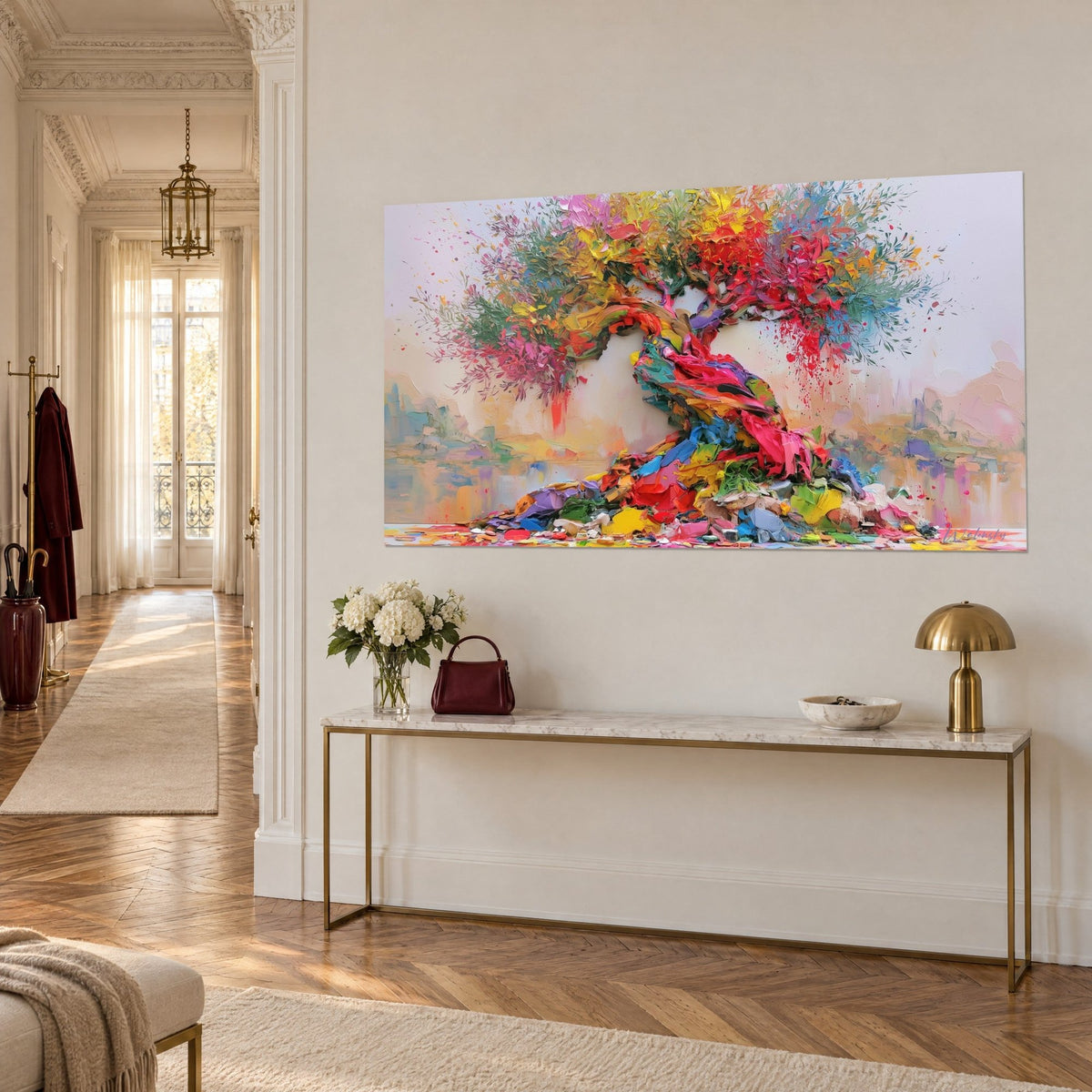 Gemälde Baum in dickem Pastellauftrag, gelbes und rotes Laub, geschwungener rosa Stamm, vor einer beigen Wand einer Haussmann-Wohnung