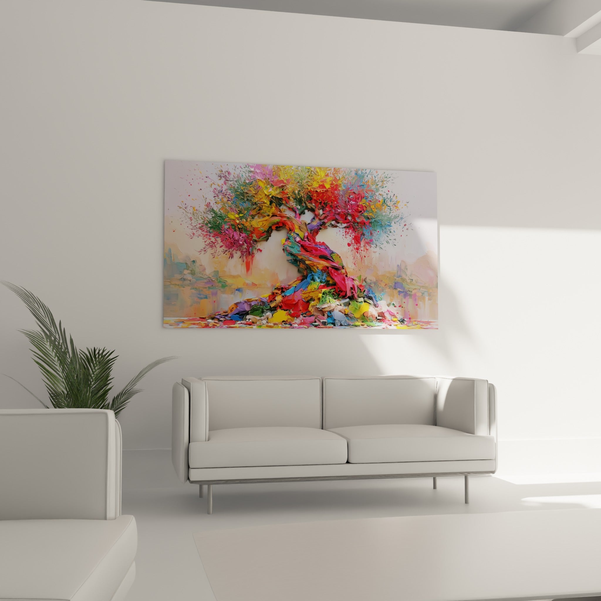 Arbre coloré aux teintes rouge et bleu, au-dessus d'un canapé dans un salon lumineux