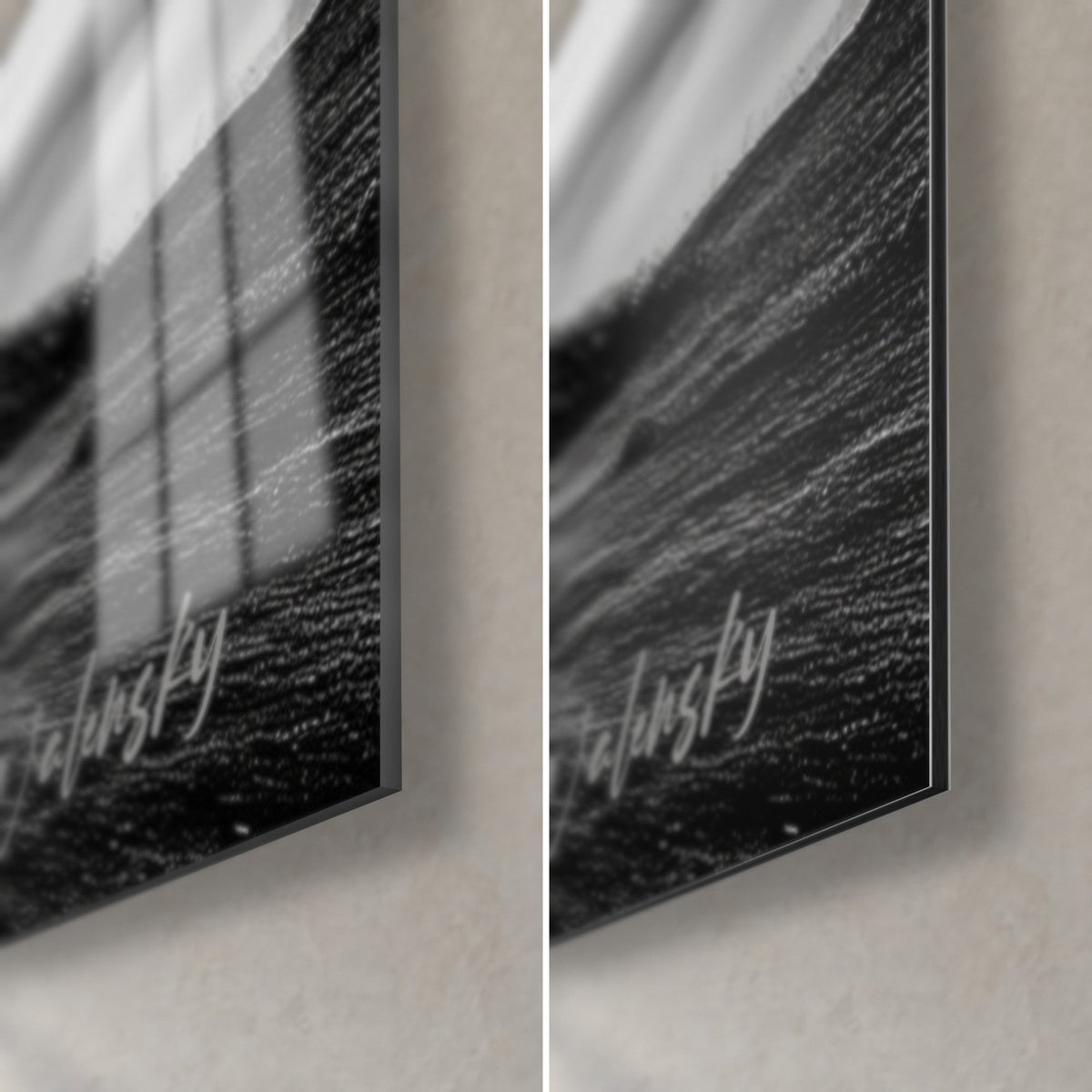 Wall art monochrome olive tree, bottom right corner: glossy black acrylic with reflections, matte grey Dibond aluminium, 3 mm edge