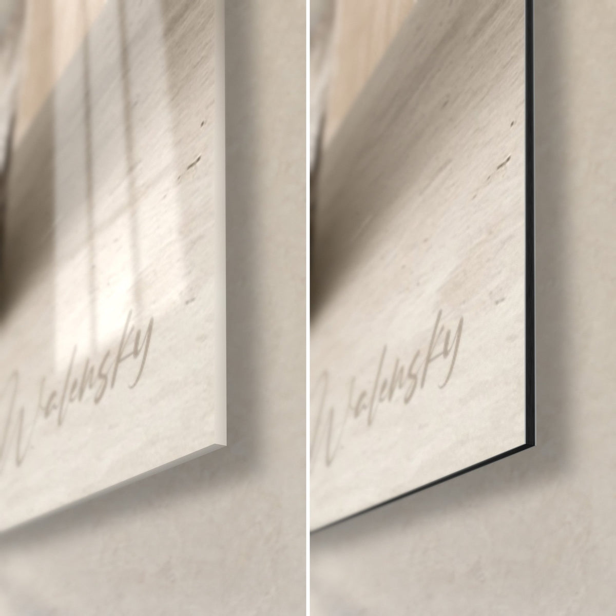 Wall art twisted bonsai on a beige background, bottom right corner in glossy acrylic glass and matt black Dibond aluminium, 3 mm edge