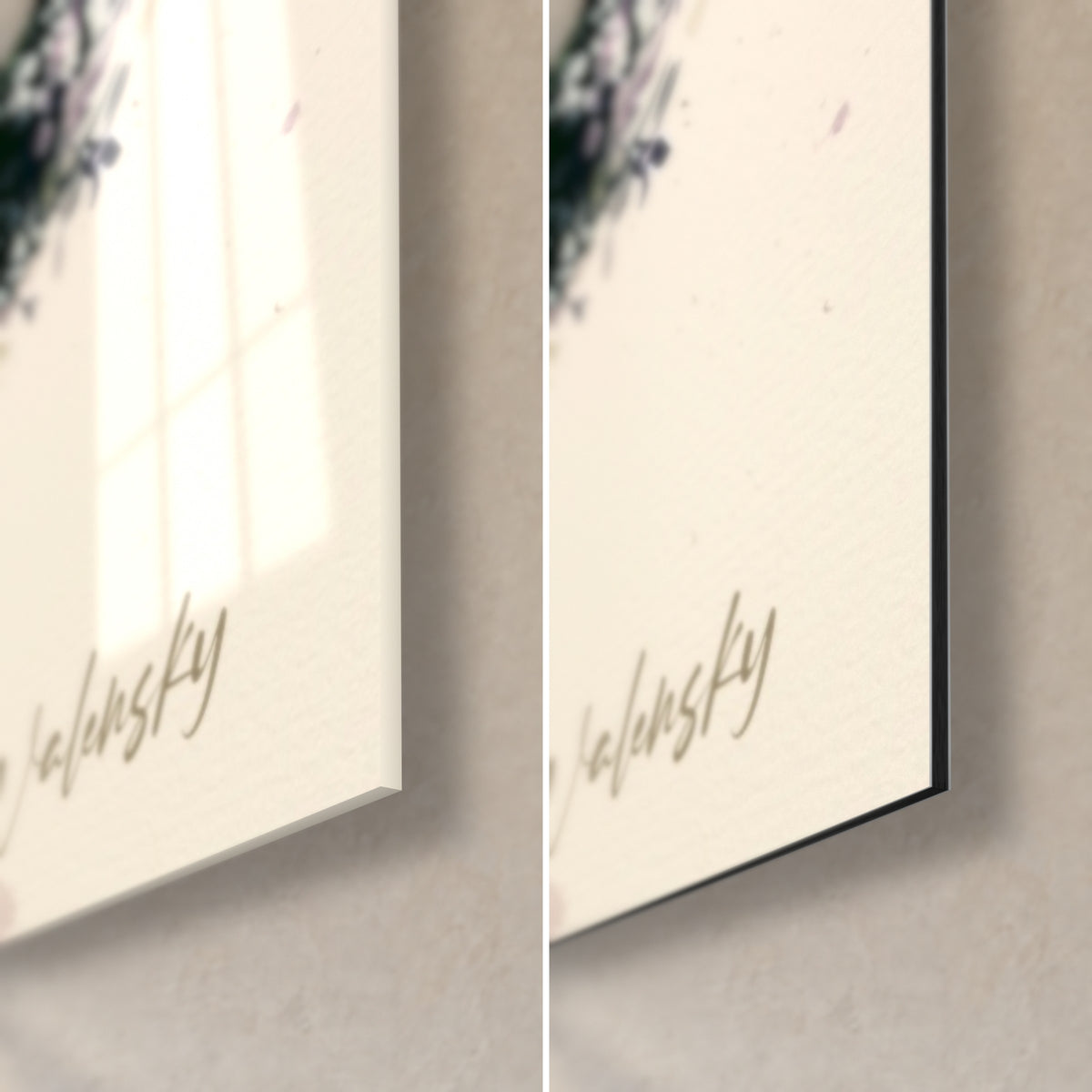 Schilderij olijfboom met Walensky-signatuur, rechtsonder: glanzend acrylglas links, mat zwart Dibond-aluminium rechts, rand van 3 mm