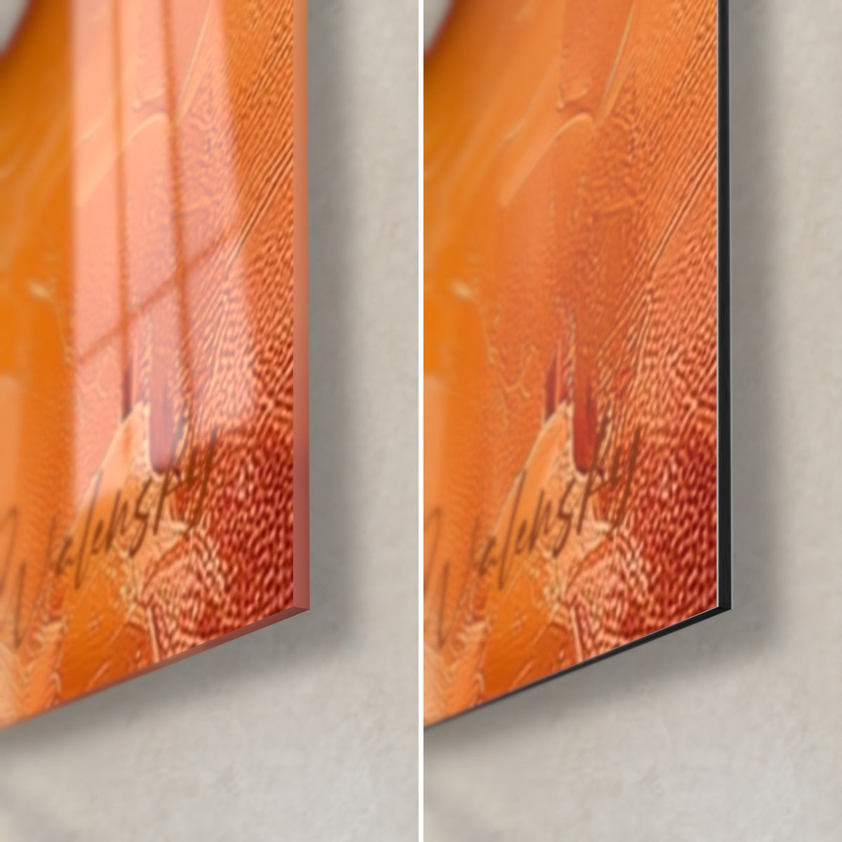 Quadro ulivo in pasta densa arancio e ruggine, angolo in basso a destra: vetro acrilico lucido a sinistra, Dibond opaco, bordo 3 mm