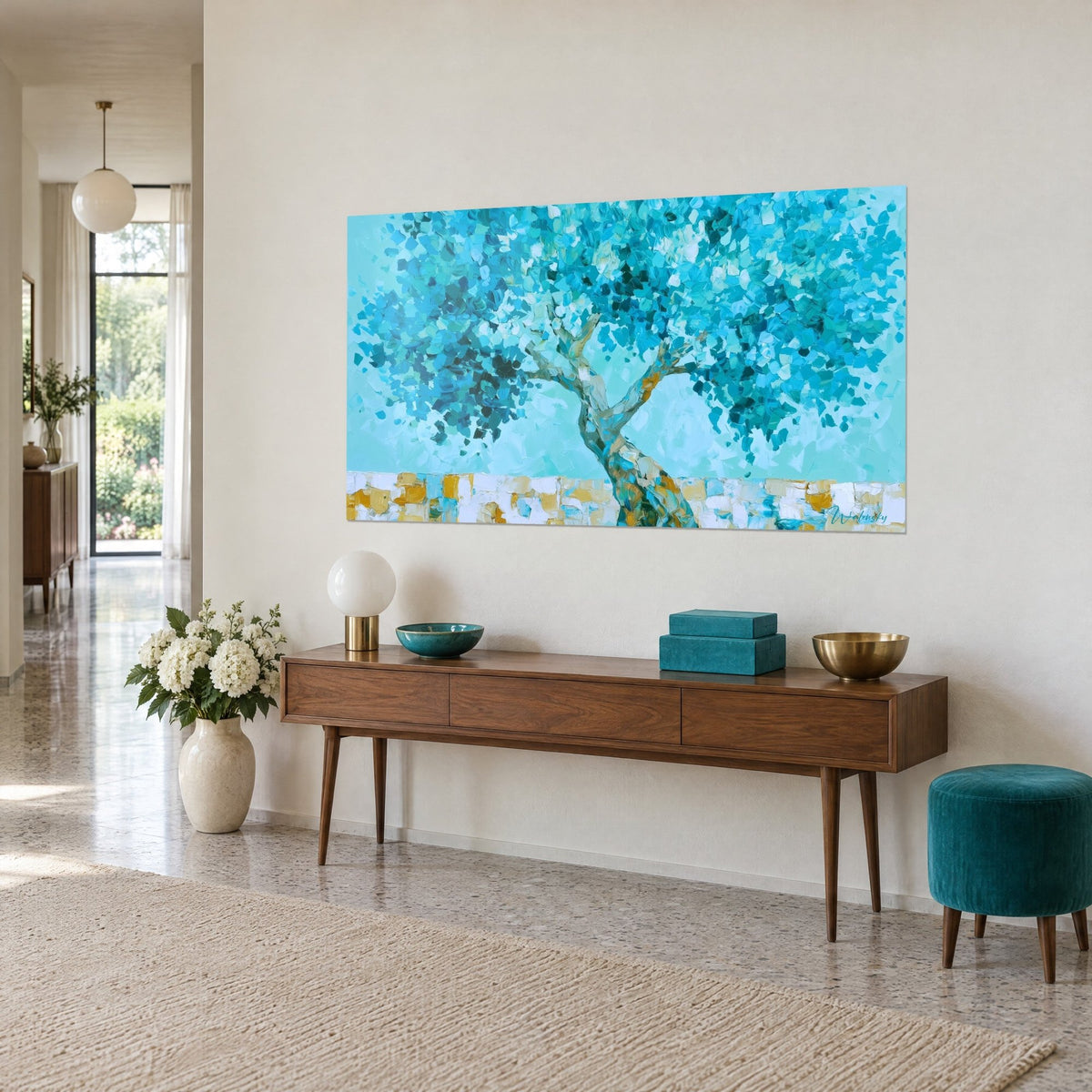 Wall art Mediterranean tree with lagoon-blue foliage and ochre yellow low wall, shown at a three-quarter angle against a cream beige wall
