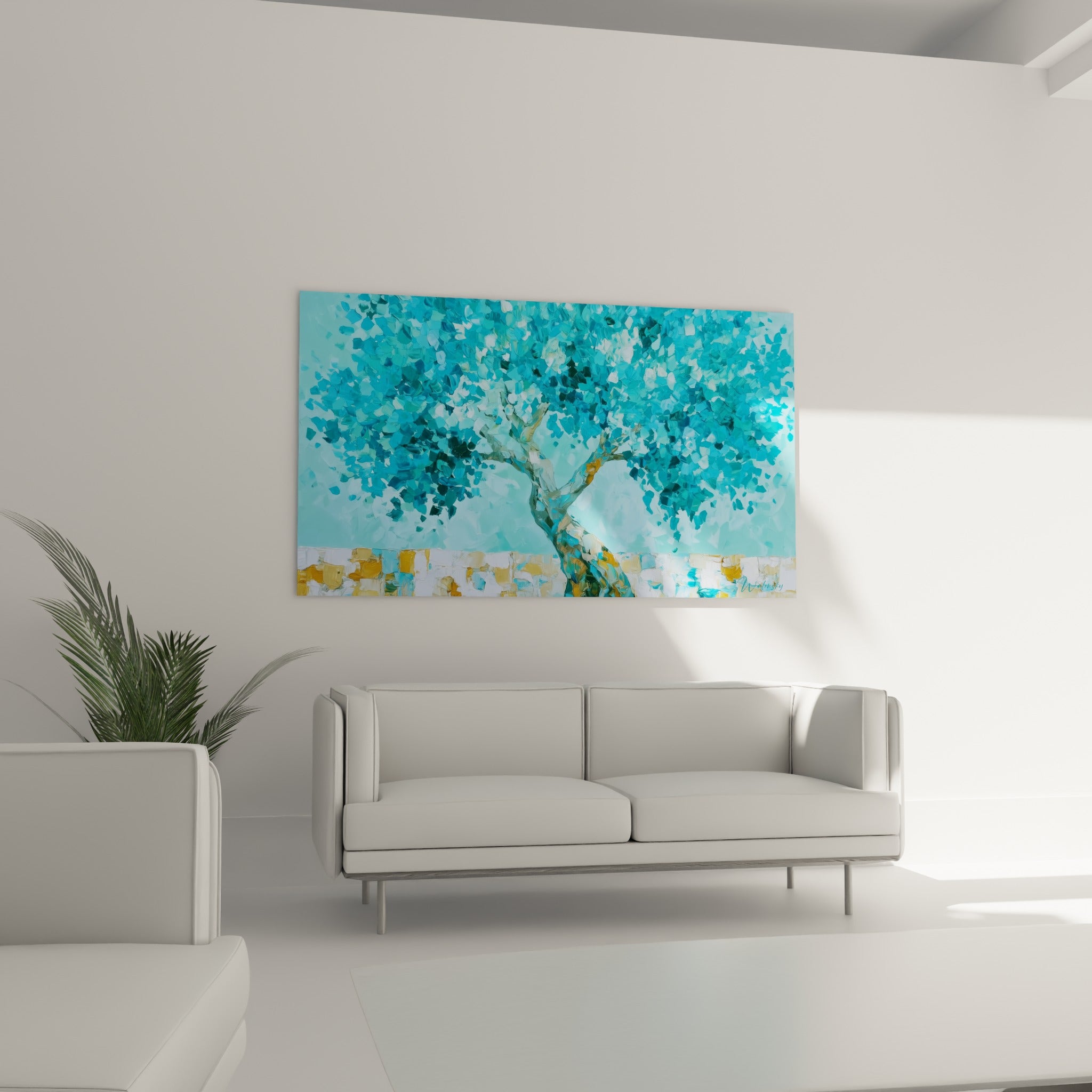Feuillage bleu turquoise et tronc doré d'un olivier stylisé, au-dessus d'un canapé dans un salon lumineux