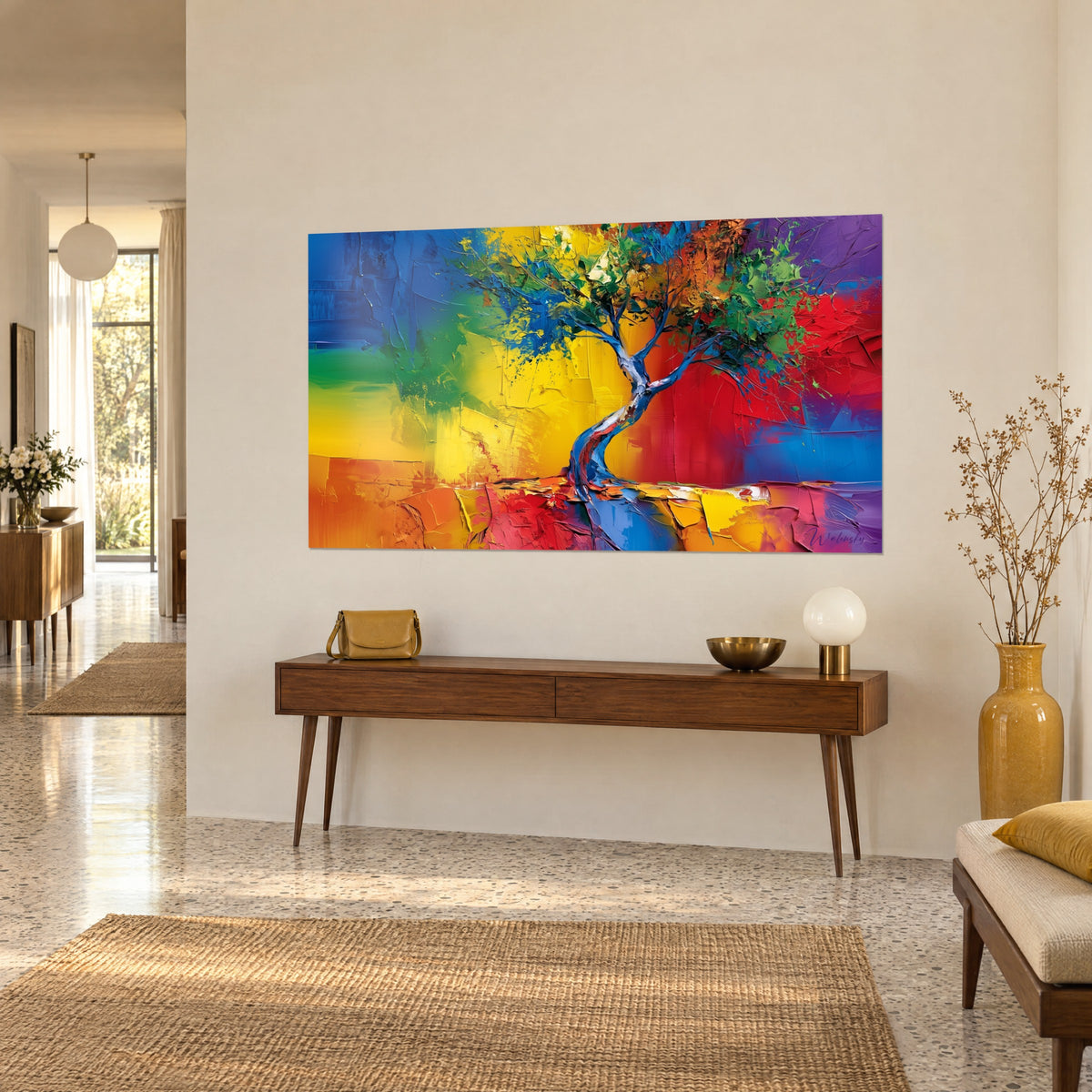 Quadro ulivo sinuoso dalle foglie verdi e azzurre, pennellate a spatola arancio e rosse, su una consolle in legno, casa degli anni 50