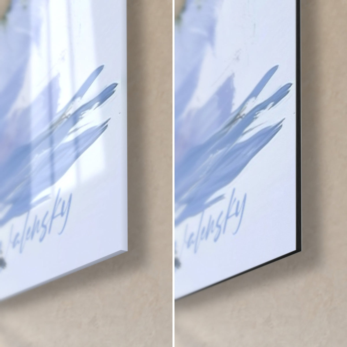 Wall art twisted olive tree in blue and green oil painting, bottom right corner: glossy acrylic glass and matte black Dibond aluminum