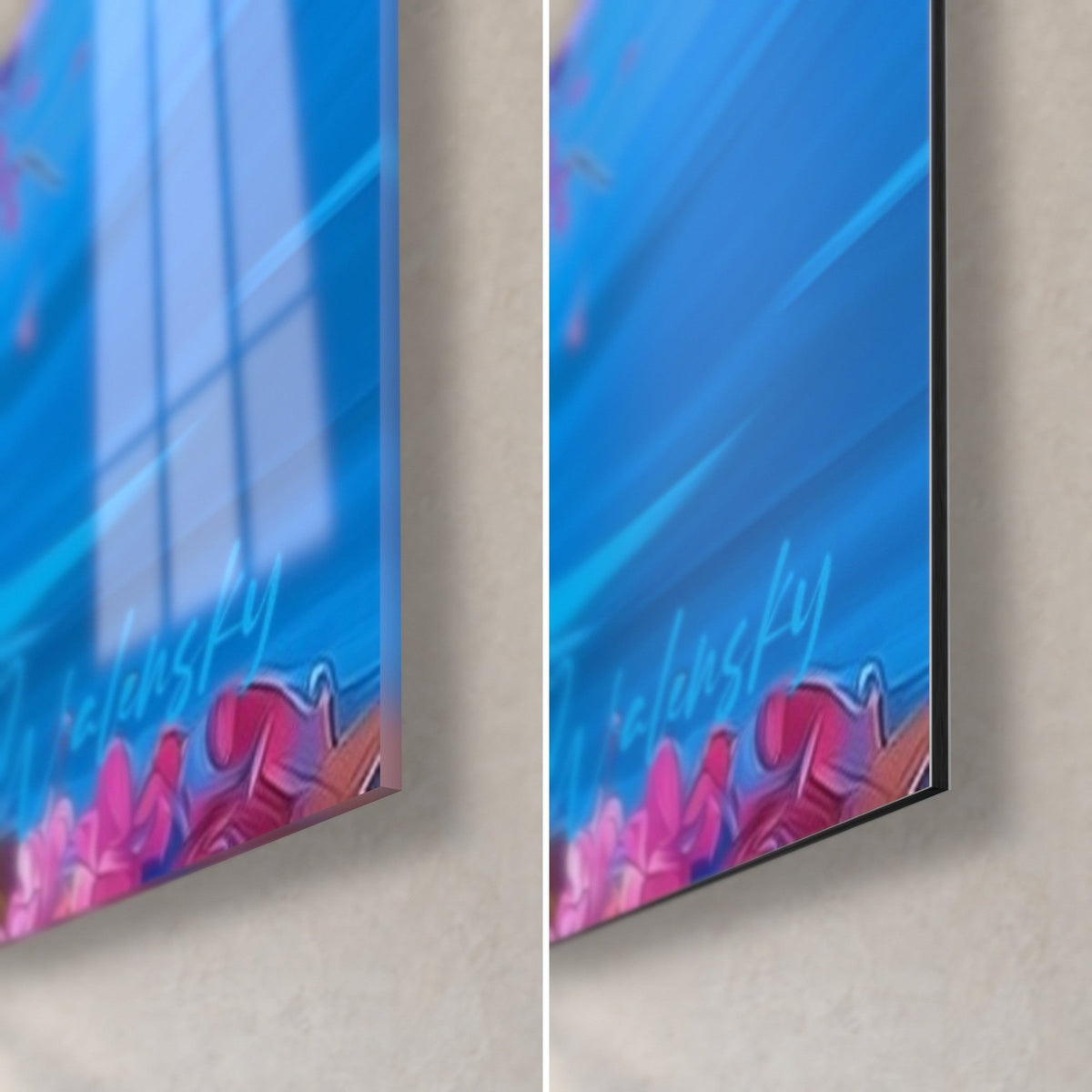 Gemälde Baum in Rosa und Blau, untere rechte Ecke: glänzendes Acrylglas mit Reflexen links, mattschwarzes Alu-Dibond mit 3 mm Kante rechts