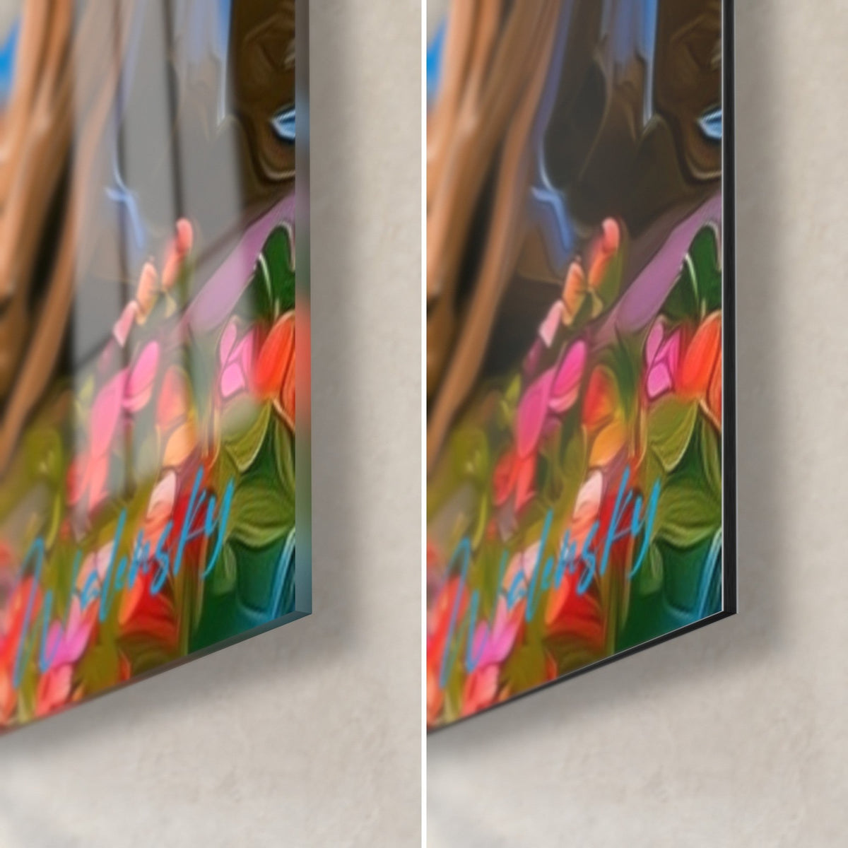 Tableau olivier fleuri, pétales roses et rouges sur feuilles vertes : verre brillant à gauche, Dibond mat à droite