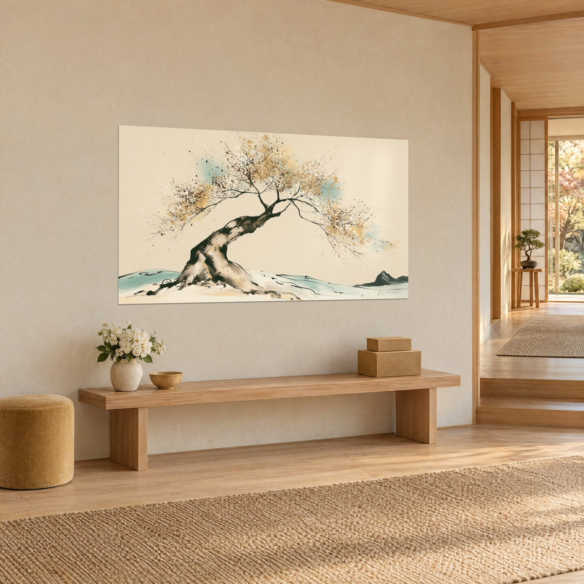 Schilderij scheve olijfboom met gouden en blauwgroene vlekken op zandkleurige achtergrond, opgehangen boven een bank van licht hout in een japandi gang