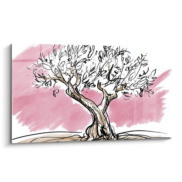 Tableau Olivier au tronc torsadé fond rose - Douceur méditerranéenne - Edition Olivier