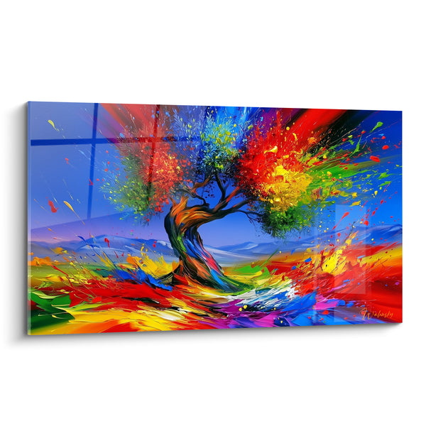 Tableau Olivier multicolore au tronc sinueux sur explosion de peinture - Éclaboussures arc-en-ciel - Edition Olivier