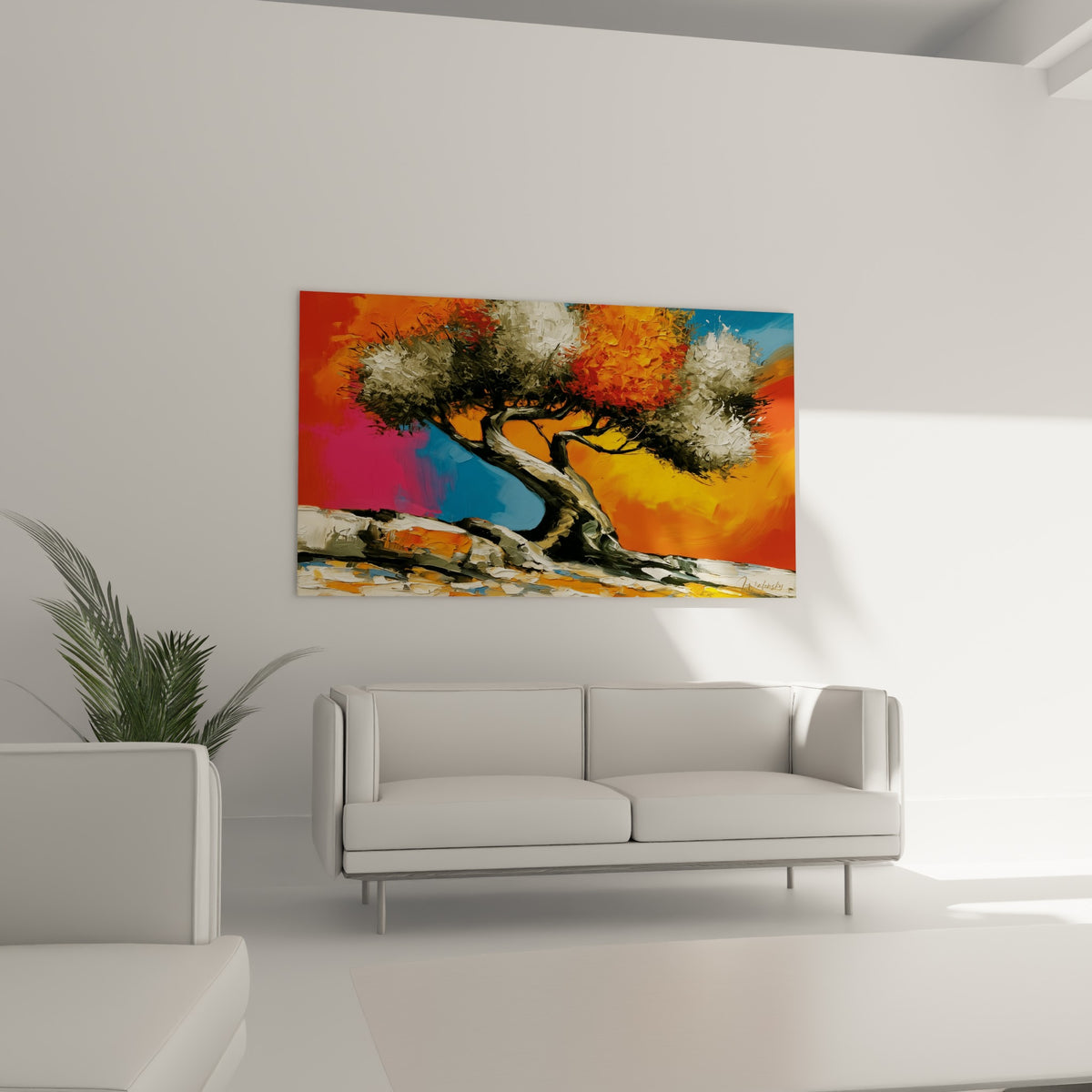 Arbre noueux aux teintes fauves et bleu marine, exposé au-dessus d'un canapé dans un salon lumineux