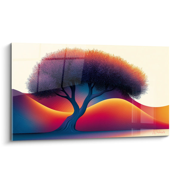 Tableau Olivier stylisé aux collines pourpres et orangées - Veille du crépuscule - Edition Olivier