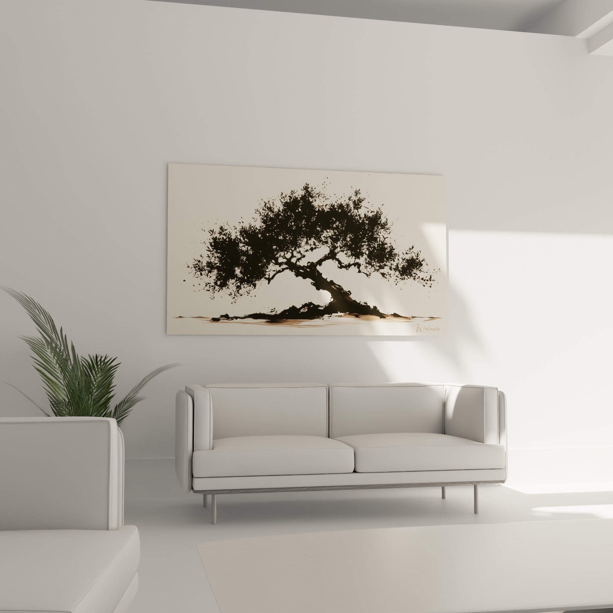 Arbre noueux aux tons noir et fauve installé au-dessus d'un canapé dans un salon lumineux