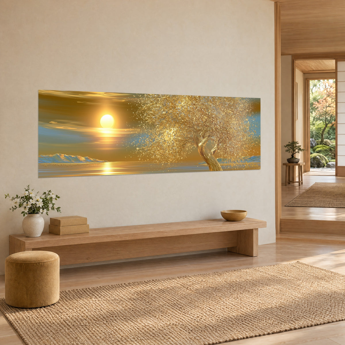Gemälde goldener Baum mit gedrehtem Stamm, bernsteinfarbenes Lichtspiegelbild auf ruhigem Wasser und blassblauer Himmel, aus dreiviertel Ansicht in einem Japandi-Wohnzimmer