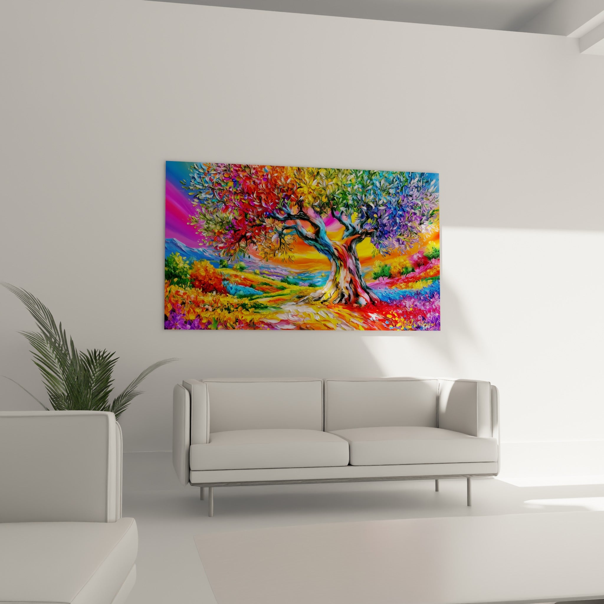 Peinture d'olivier fauve et bleu turquoise disposée au-dessus d'un canapé dans un salon lumineux