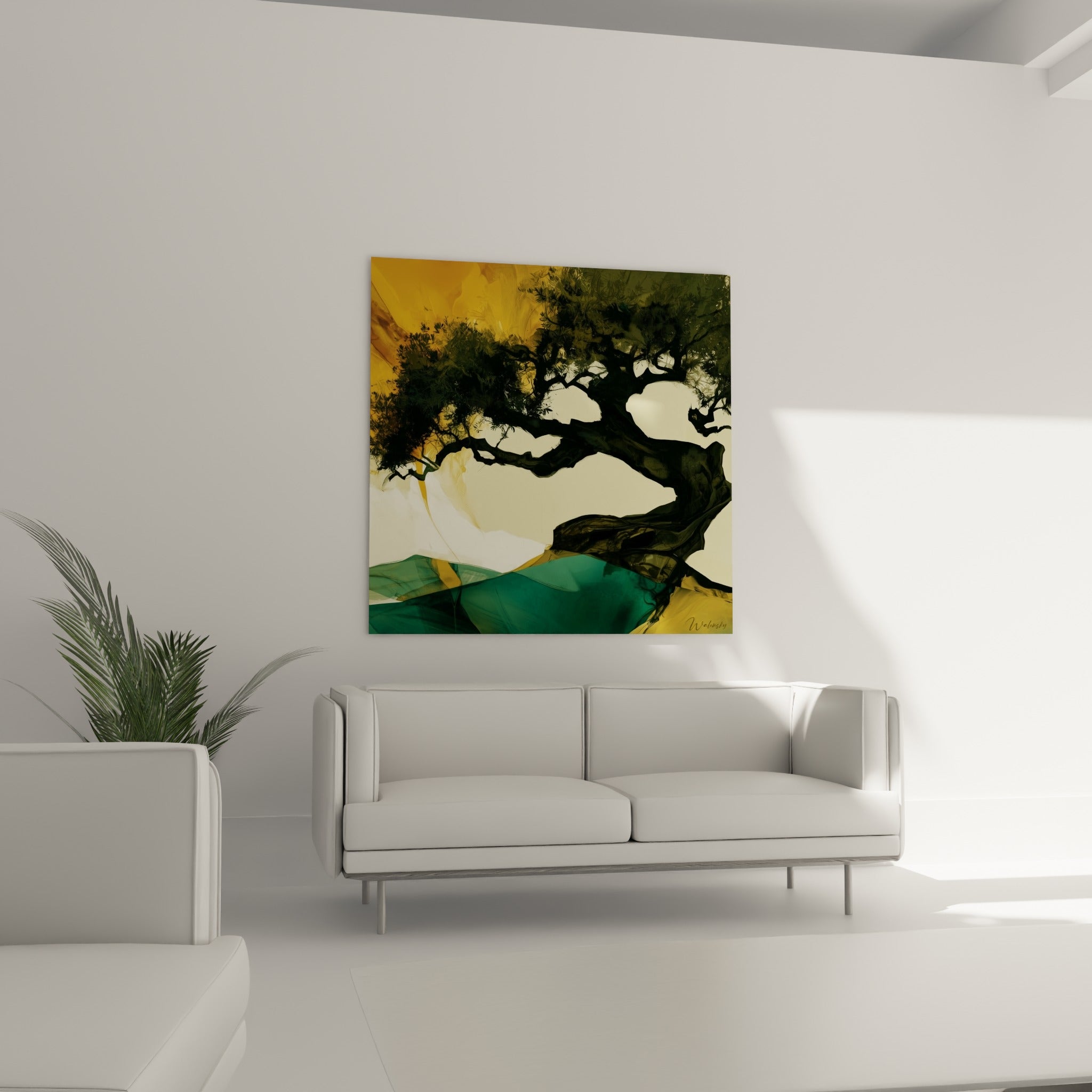 Silhouette d'olivier fauve aux teintes turquoise et dorées au-dessus d'un canapé dans un salon lumineux