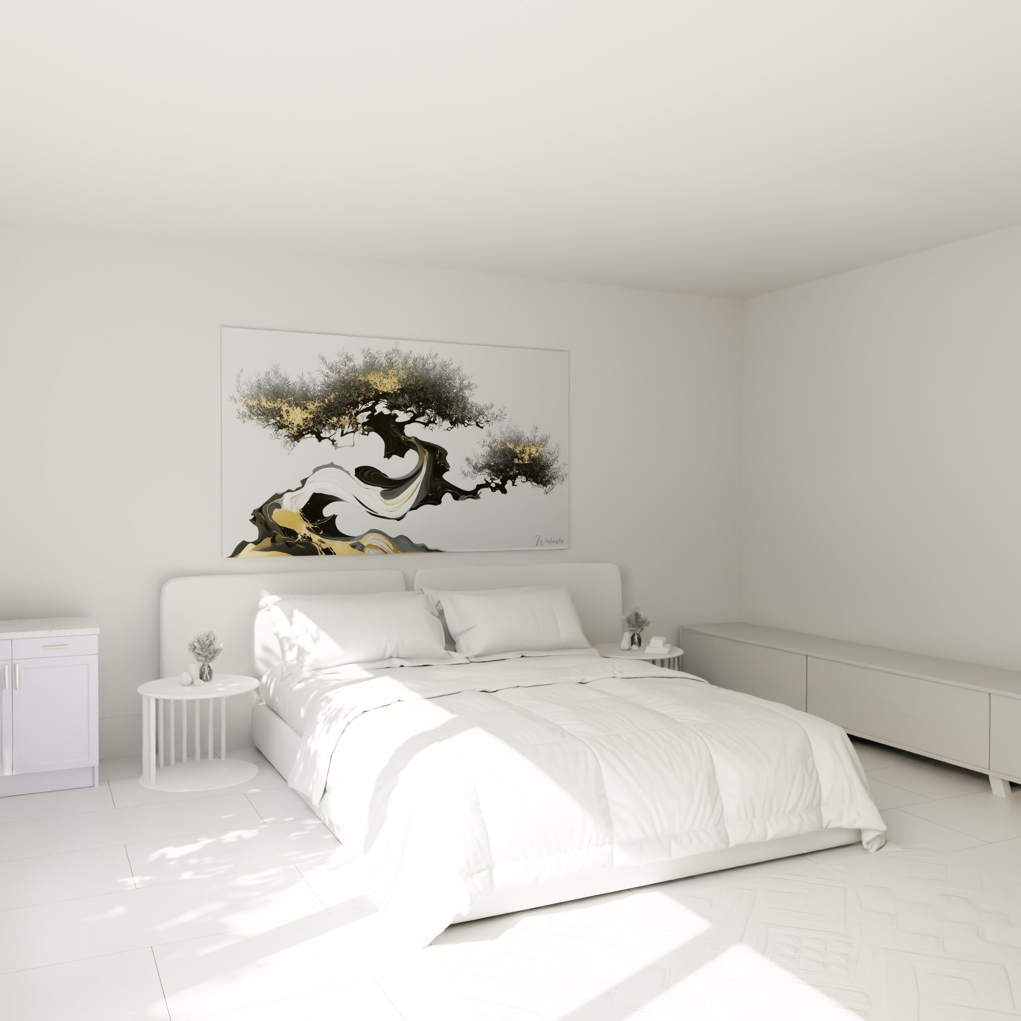 Silhouette d'olivier doré et anthracite accrochée au-dessus d'un lit dans une chambre claire
