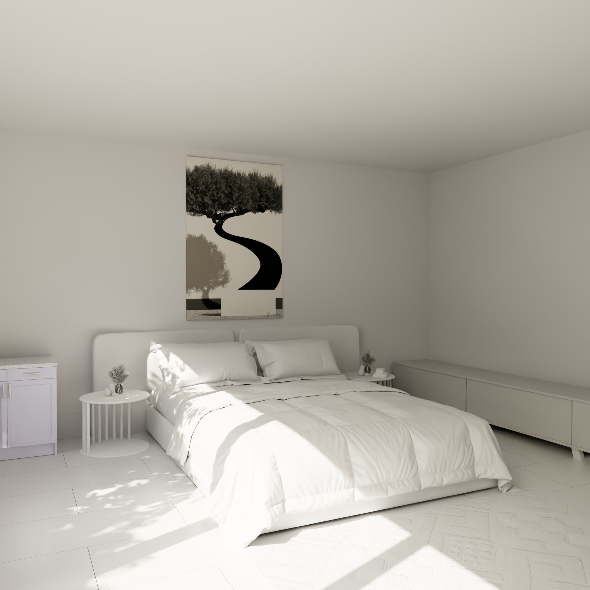 Silhouette d'olivier noir et gris accrochée au-dessus d'un lit dans une chambre claire