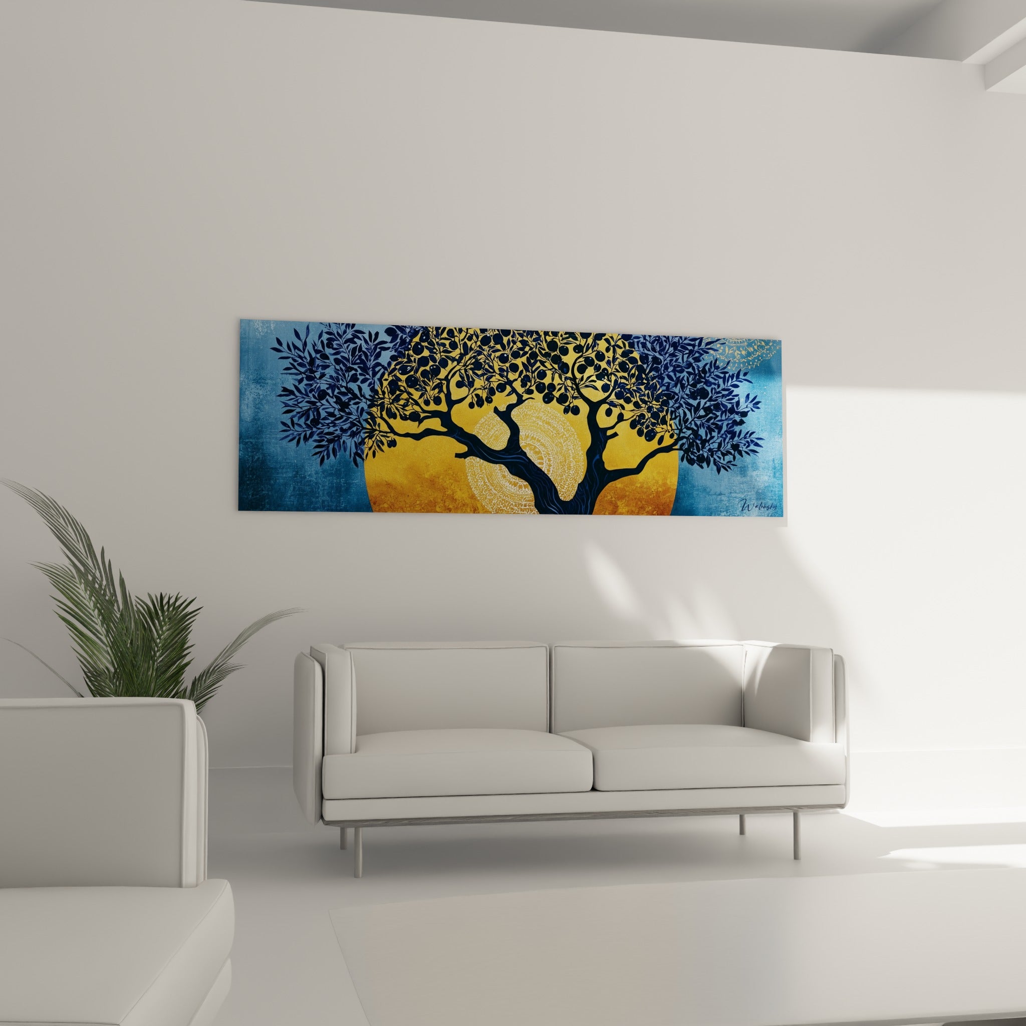 Arbre stylisé aux teintes ocre et anthracite disposé au-dessus d'un canapé dans un salon lumineux