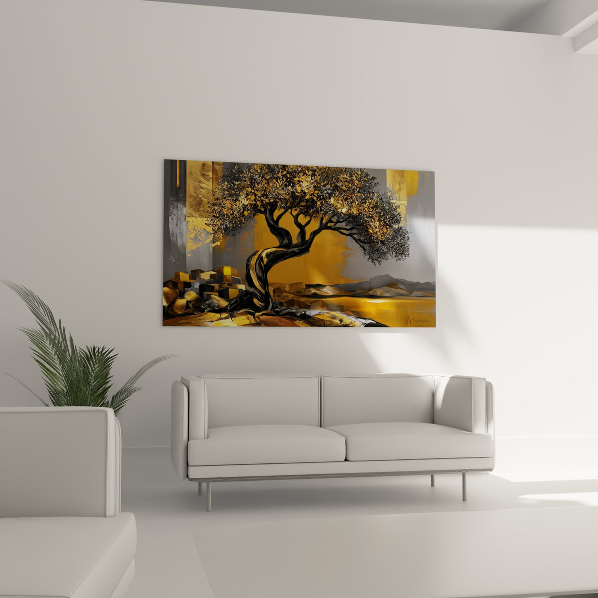 Silhouette dorée et noire de l'olivier positionnée au-dessus d'un canapé dans un salon lumineux