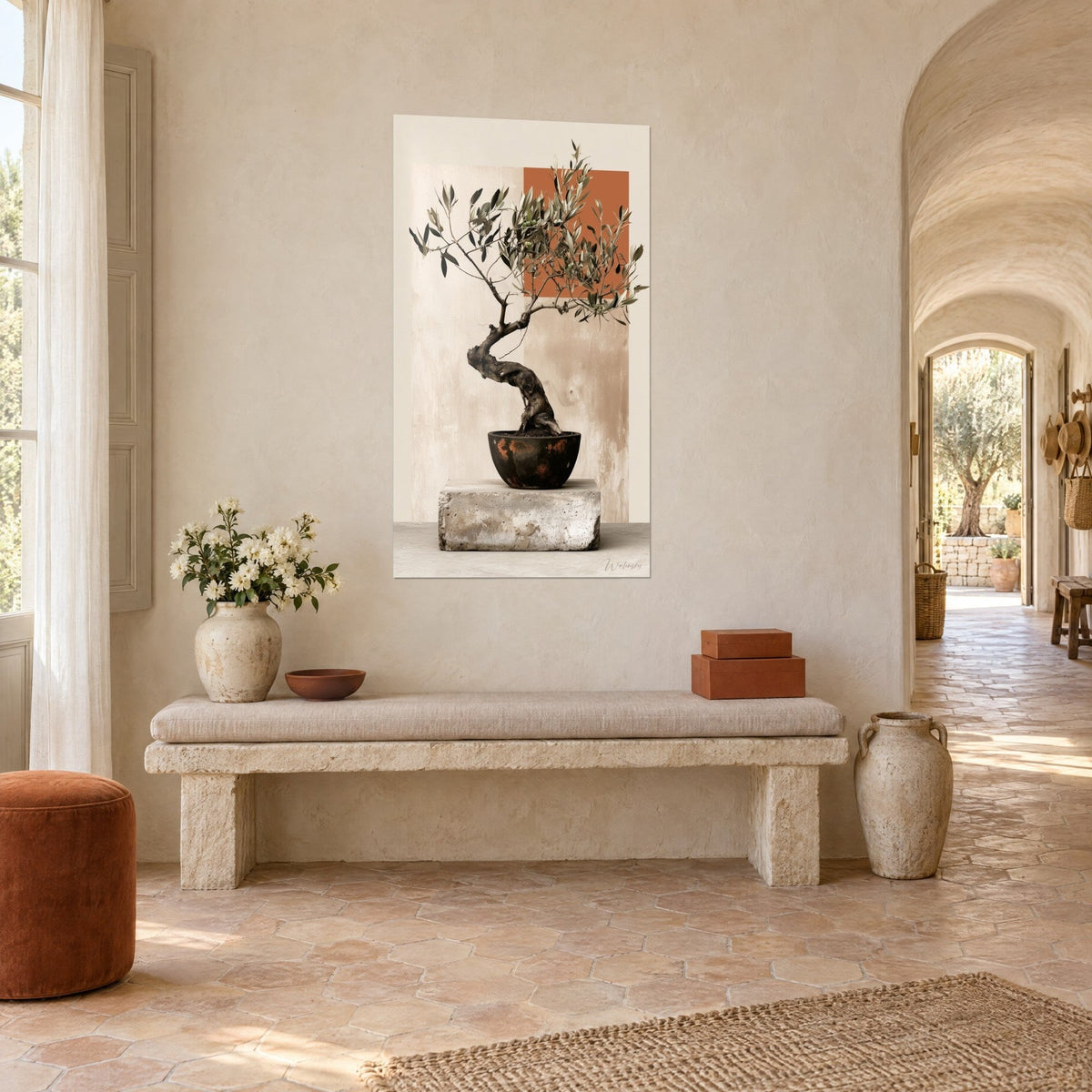 Wall art tree with a winding trunk on a concrete base, sand and rust background, hung above a stone bench in a Provençal farmhouse