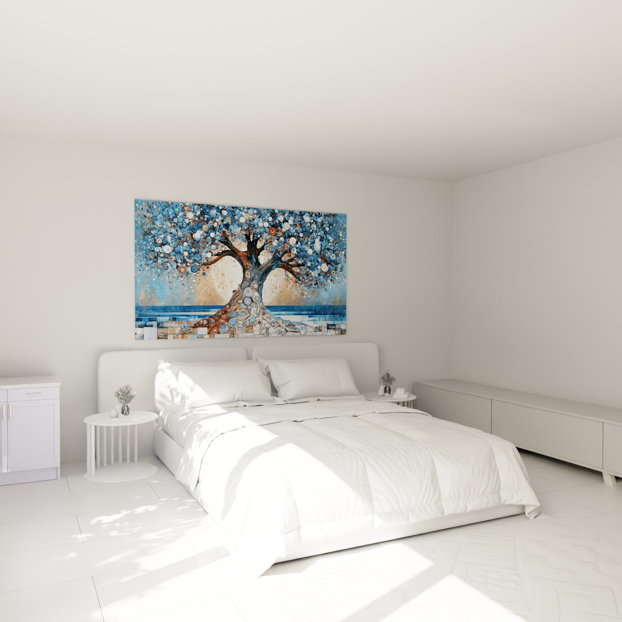 Branches d'olivier bleu et blanc nacré ornant le mur au-dessus d'un lit dans une chambre claire