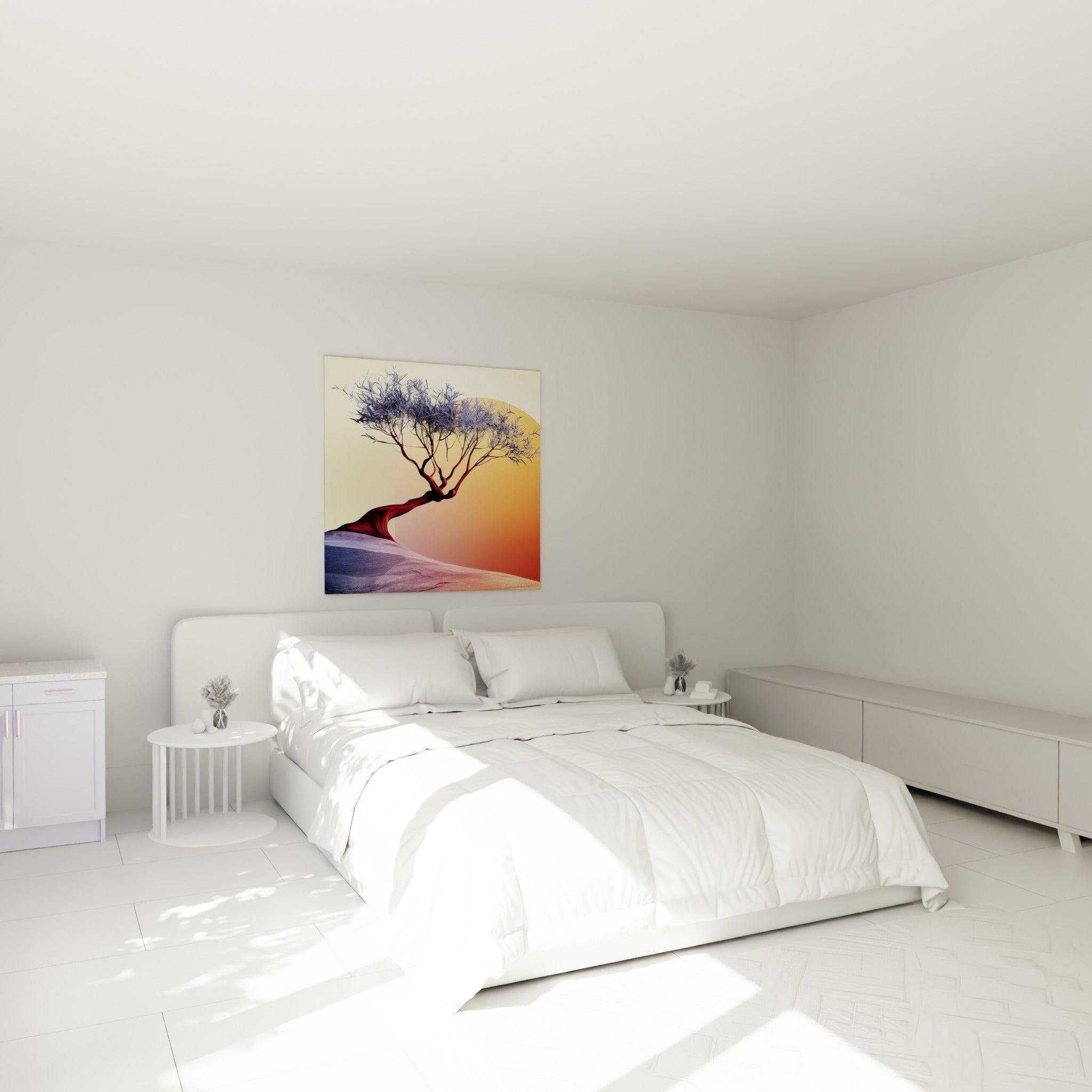 Silhouette d'olivier bordeaux et bleu pastel accrochée au-dessus d'un lit dans une chambre claire