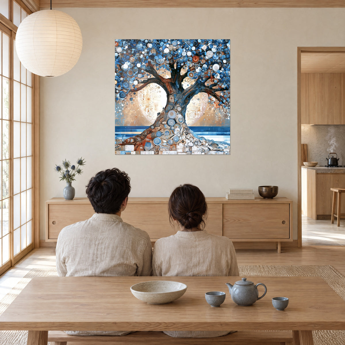 Tableau gardien de la lune, tronc brun cuivré et couronne de disques bleus, couple de dos à table, salle japandi en bois clair