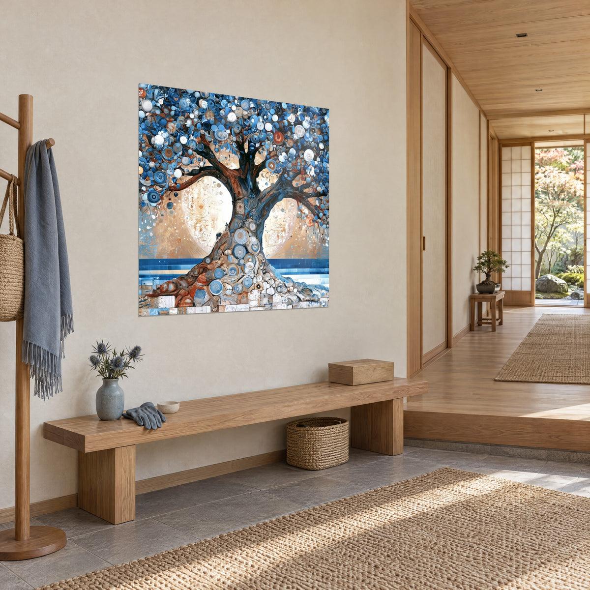 Tableau chêne stylisé au feuillage de disques bleus et blancs, tronc brun roux, lune sable, entrée japandi en bois clair