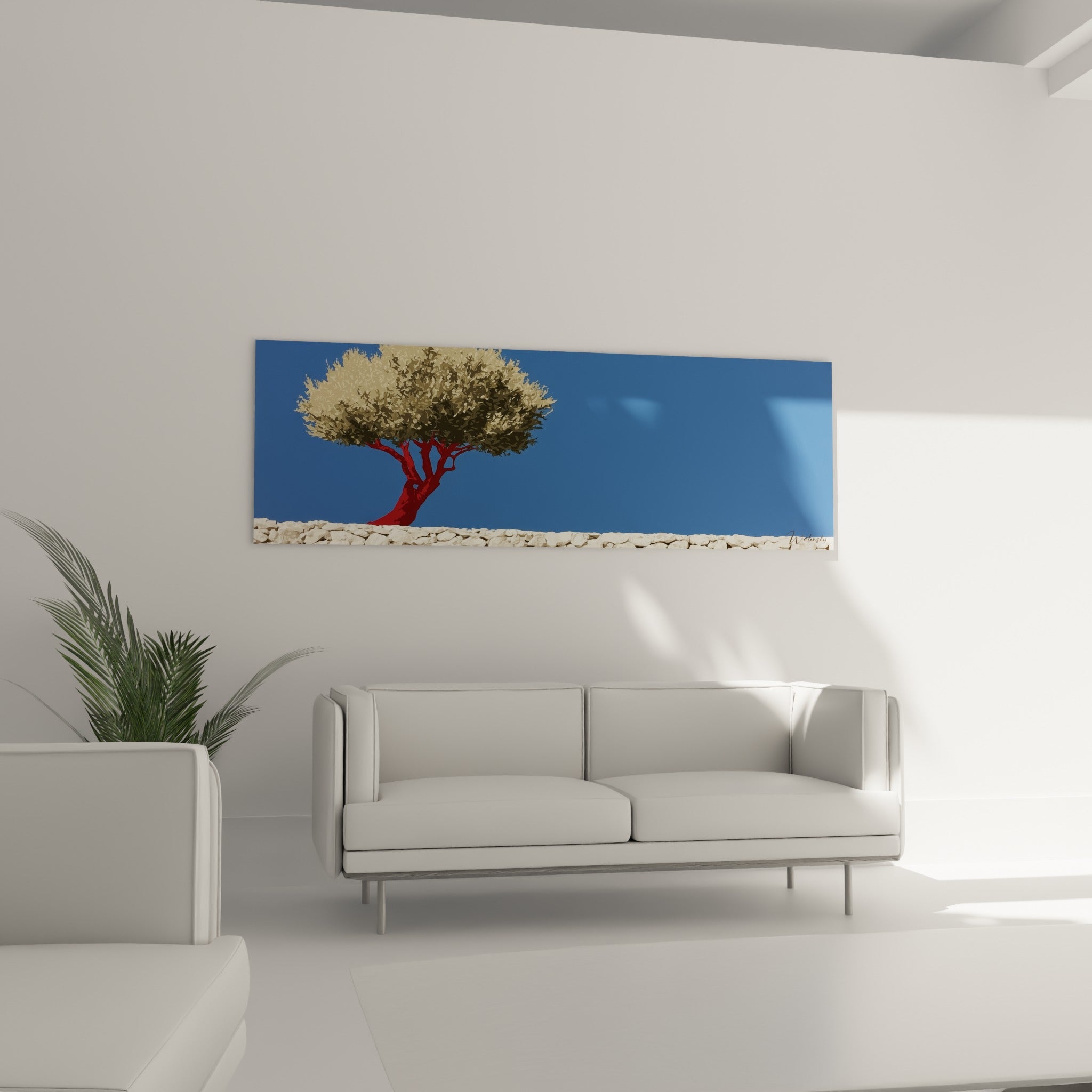 Composition graphique d'olivier rouge sur fond bleu au-dessus d'un canapé dans un salon lumineux