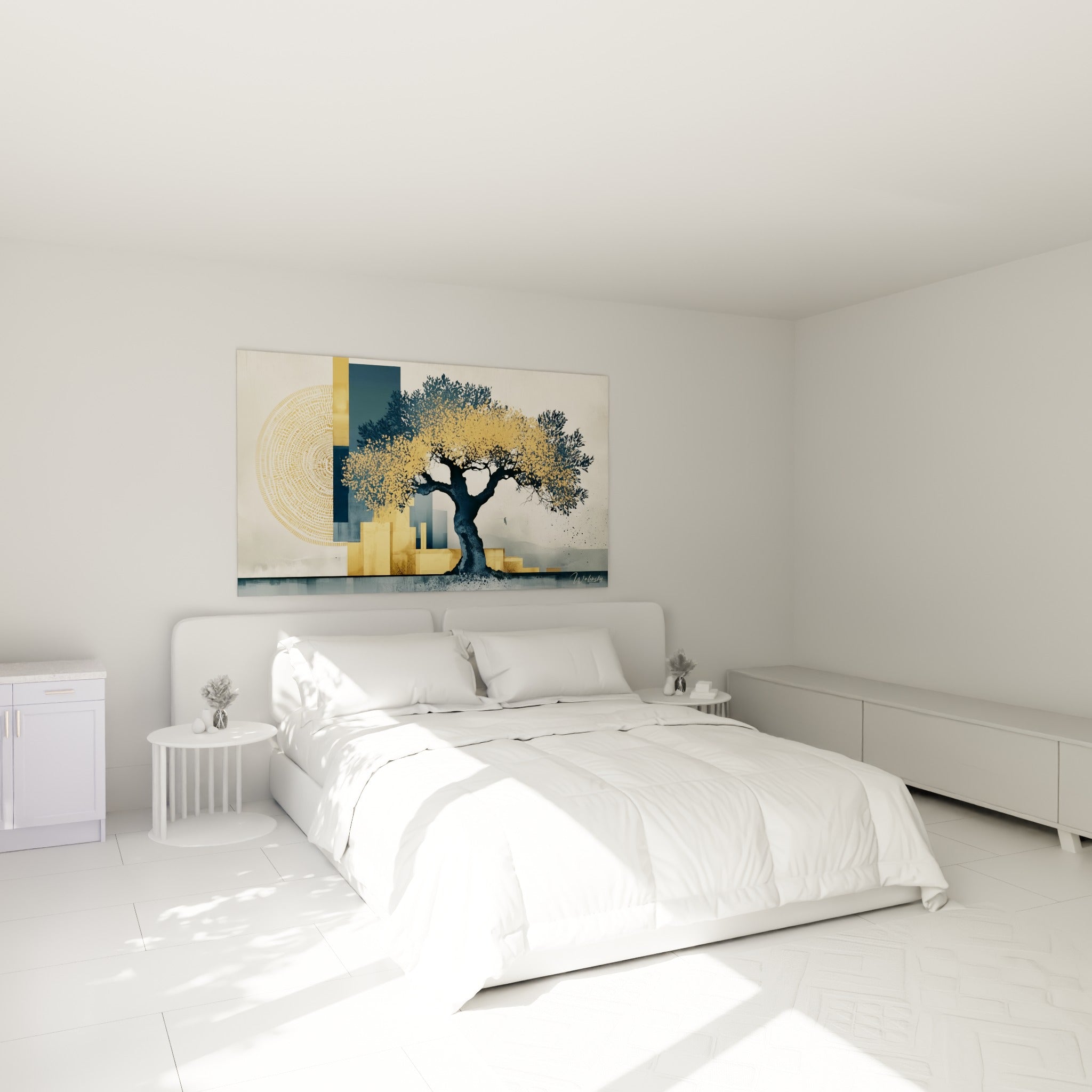 Arbre doré et bleu marine aux formes architecturales, au-dessus d'un lit dans une chambre claire