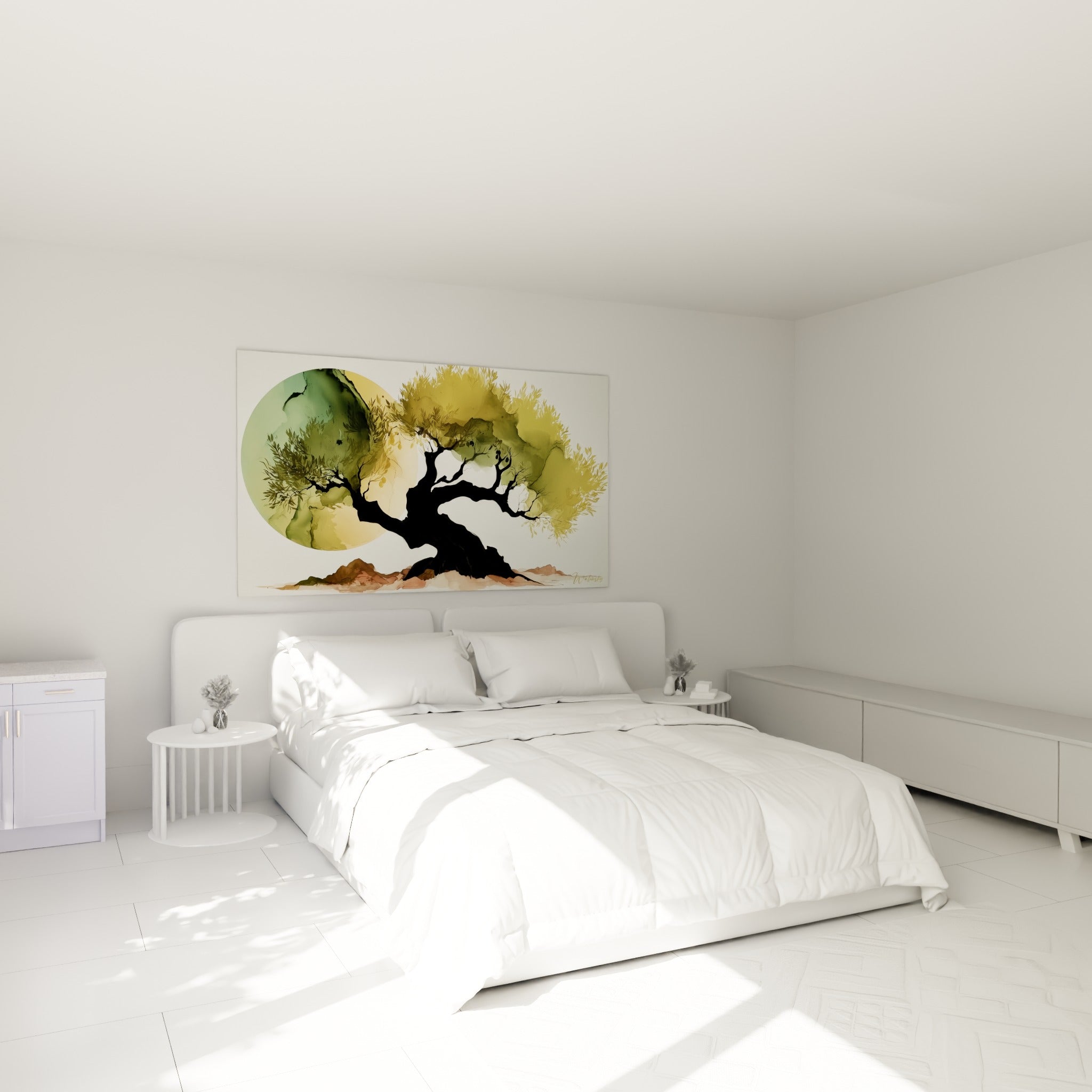 Silhouette d'olivier noir et feuillage doré au-dessus d'un lit dans une chambre claire