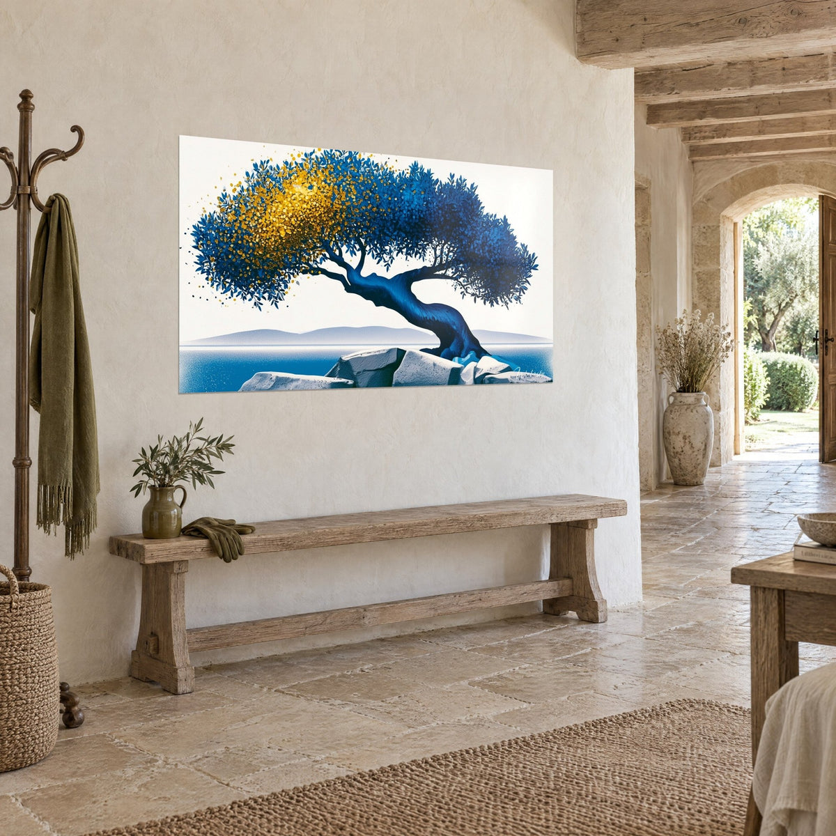 Wall art Mediterranean tree with twisted blue trunk and golden foliage, turquoise sea, wooden bench, stone house
