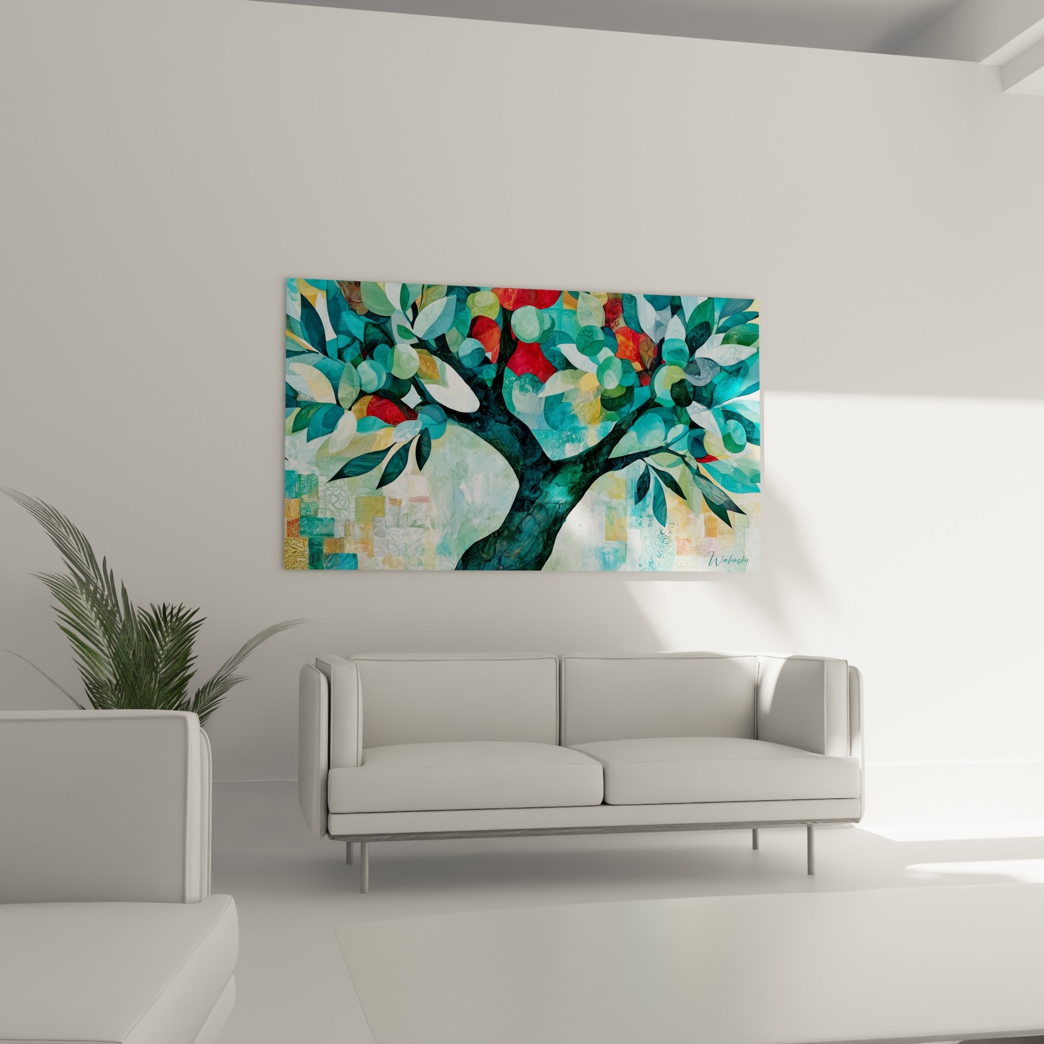 Feuillage mosaïque turquoise et doré d'un olivier au-dessus d'un canapé dans un salon lumineux