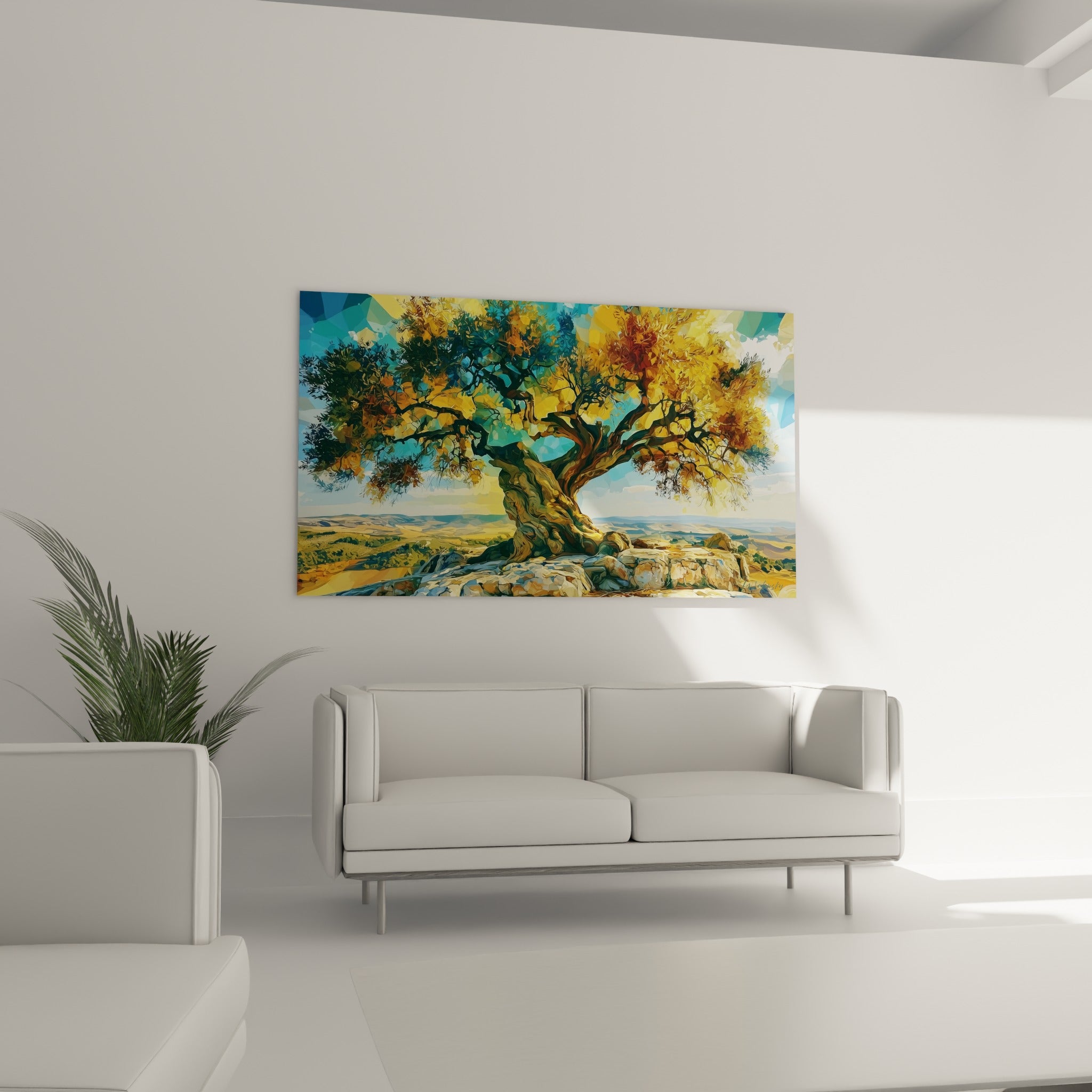 Silhouette d'olivier doré sur fond turquoise, accrochée au-dessus d'un canapé dans un salon lumineux