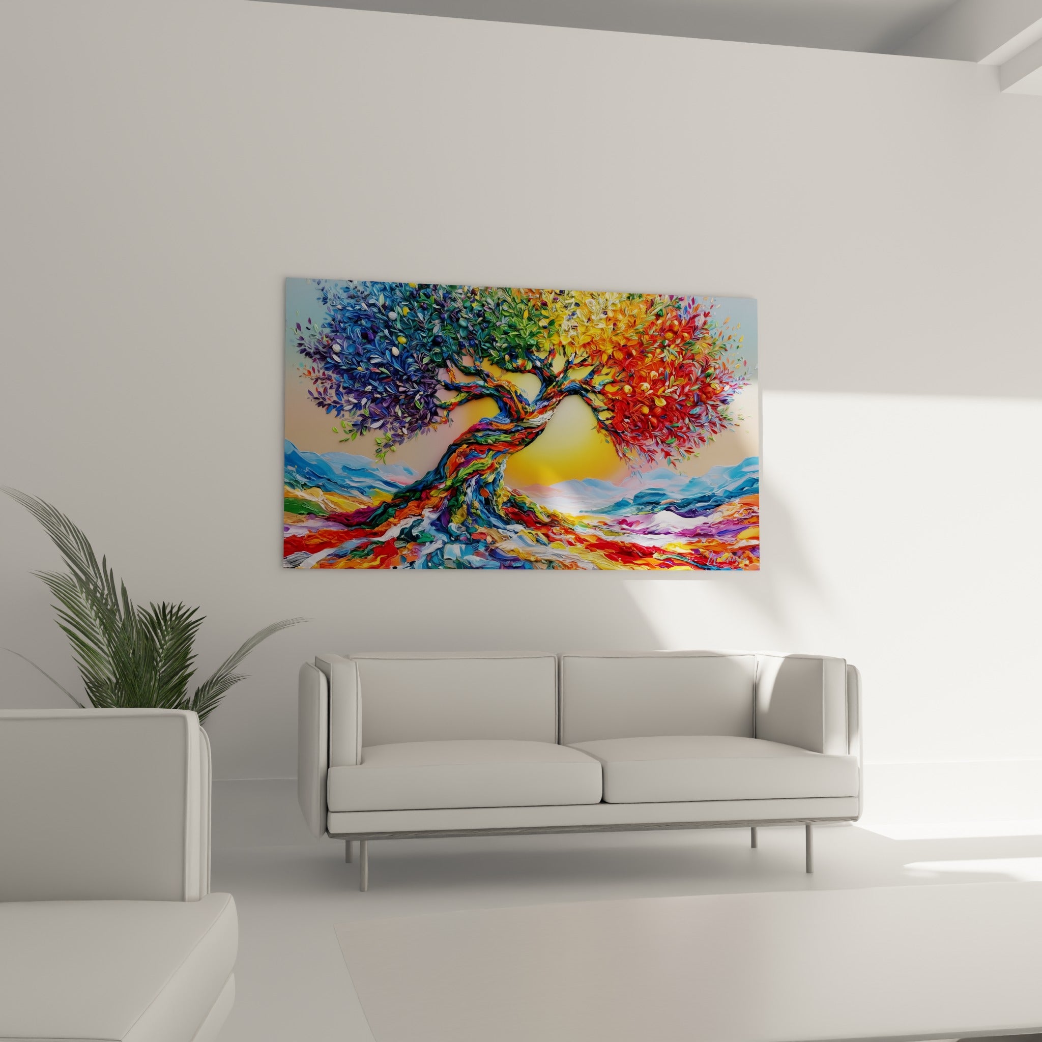 Feuillage bleu et orange de cet olivier stylisé, texture épaisse, au-dessus d'un canapé dans un salon lumineux