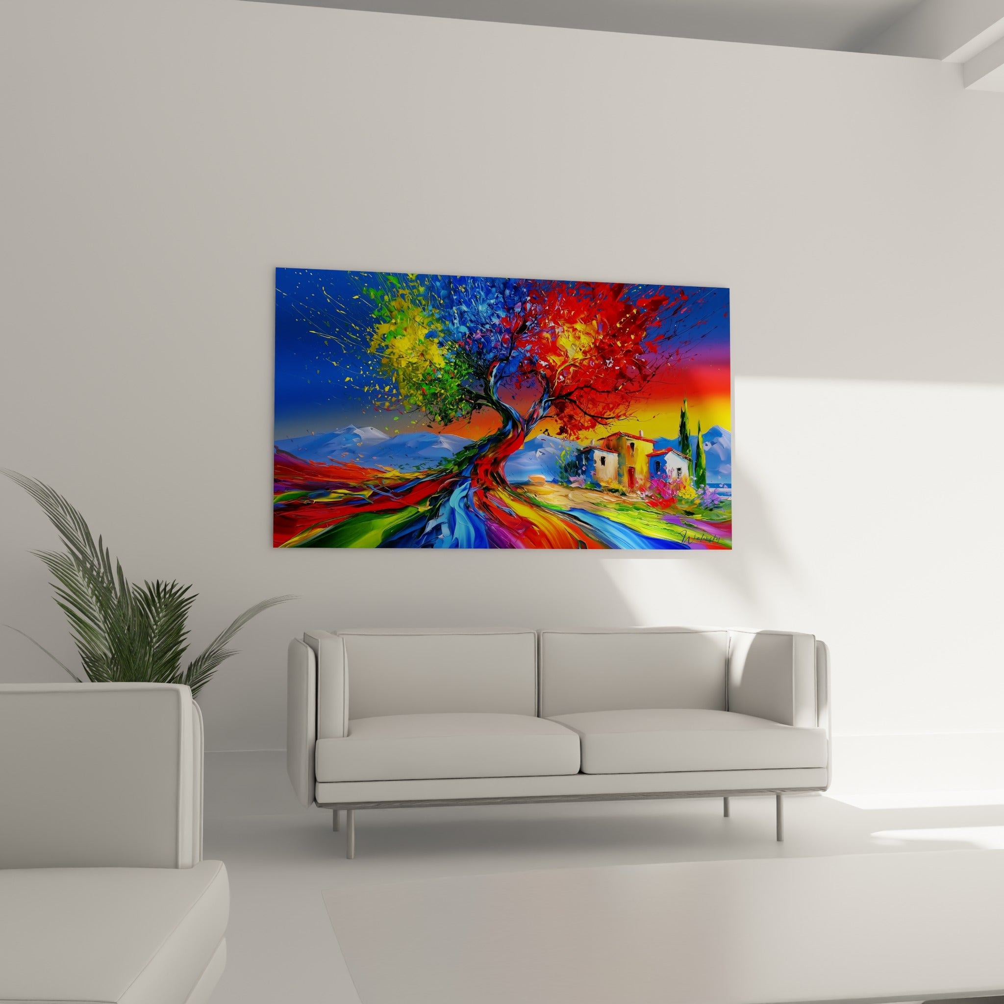 Feuillage vibrant rouge et bleu de l'olivier surplombant un canapé dans un salon lumineux