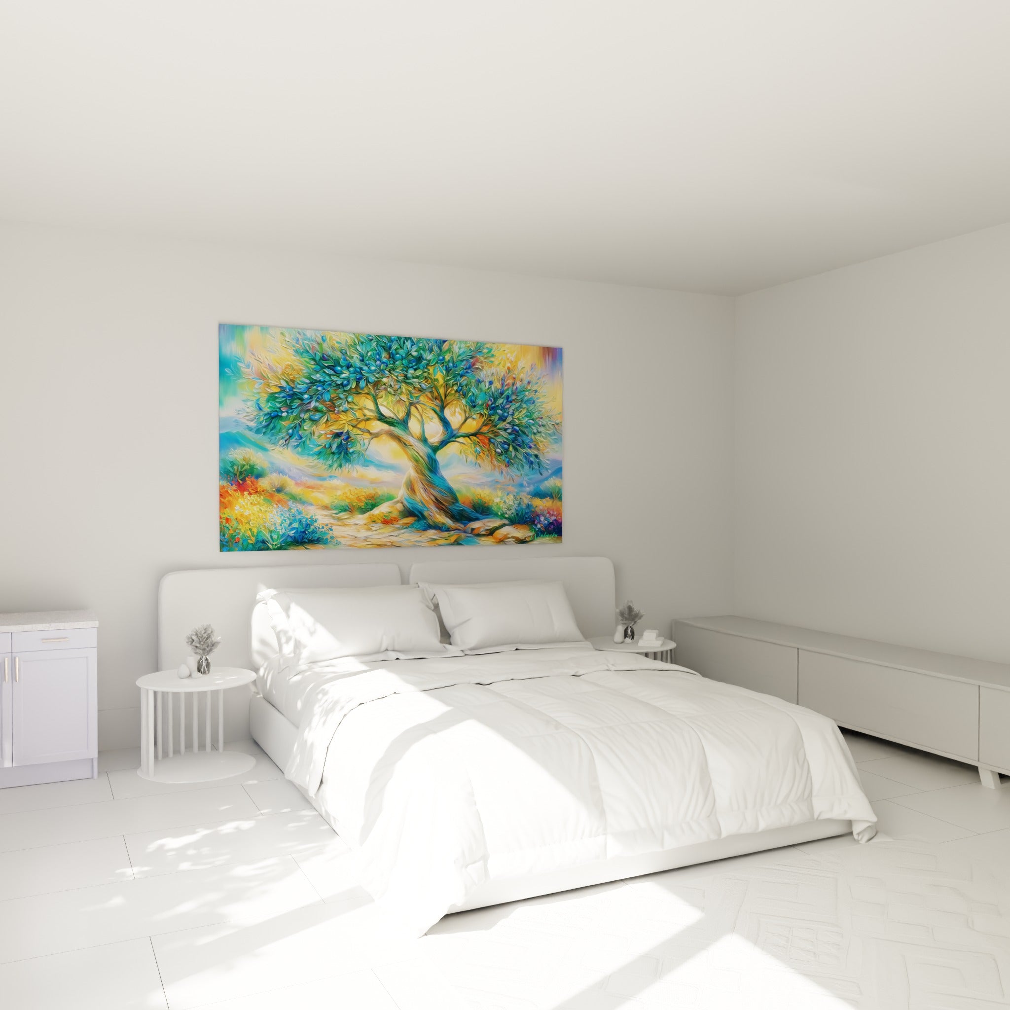 Branches d'olivier bleu et or déployées au-dessus d'un lit dans une chambre claire