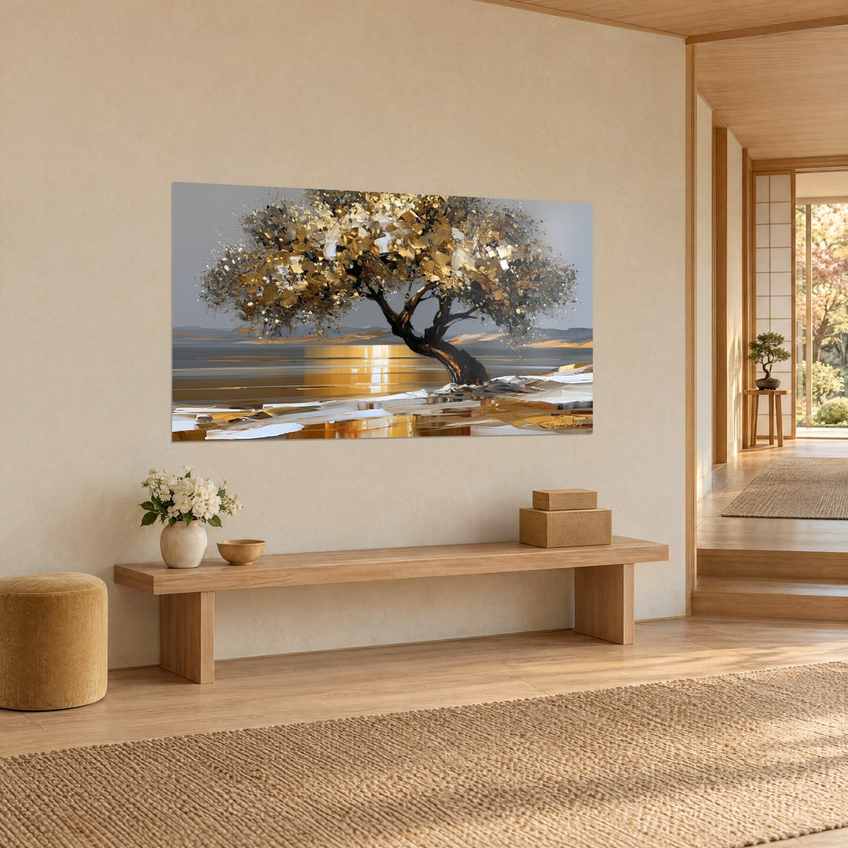 Wall art golden tree with shimmering foliage, twisted ebony trunk, copper lake and white shores, on a cream Japandi wall beside a bench