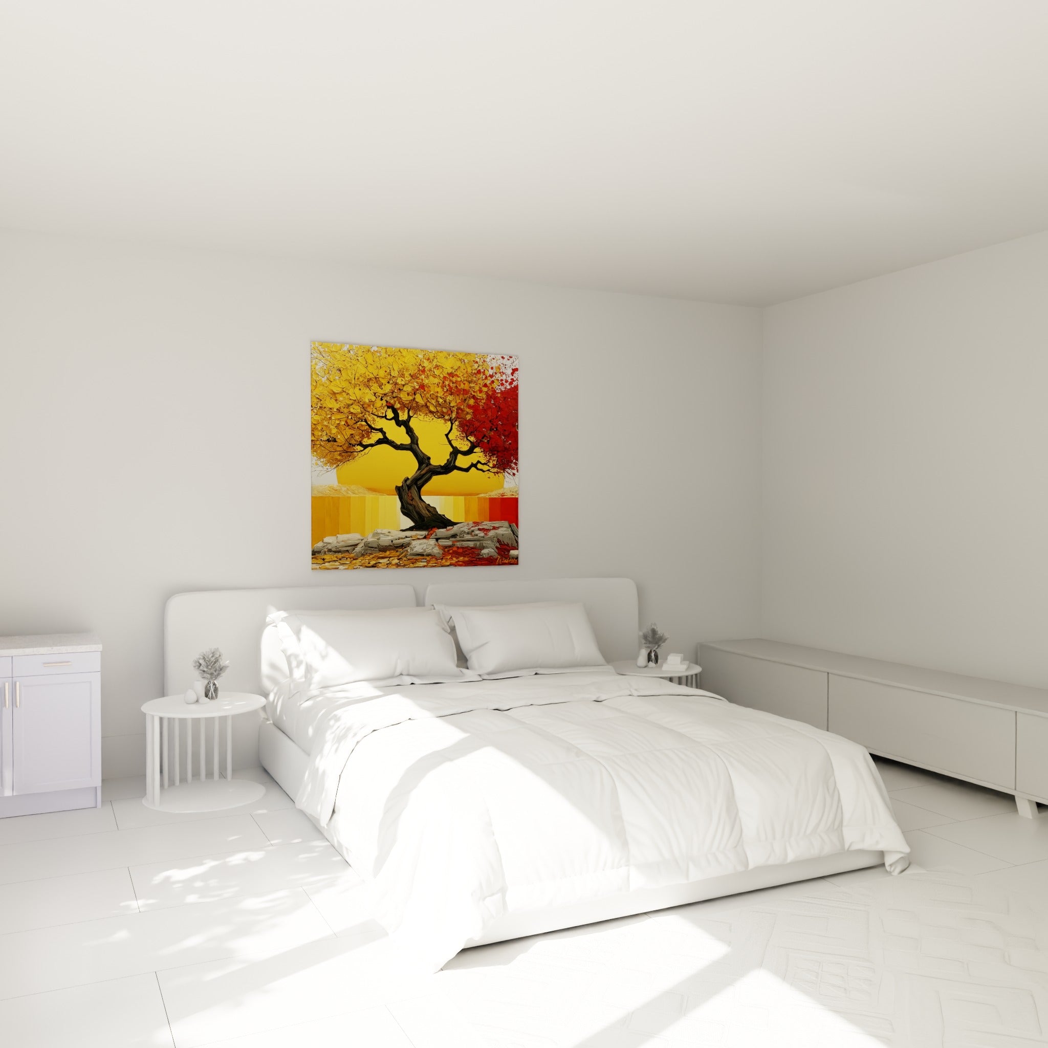 Silhouette d'olivier tourmenté aux teintes jaune et rouge au-dessus d'un lit dans une chambre claire
