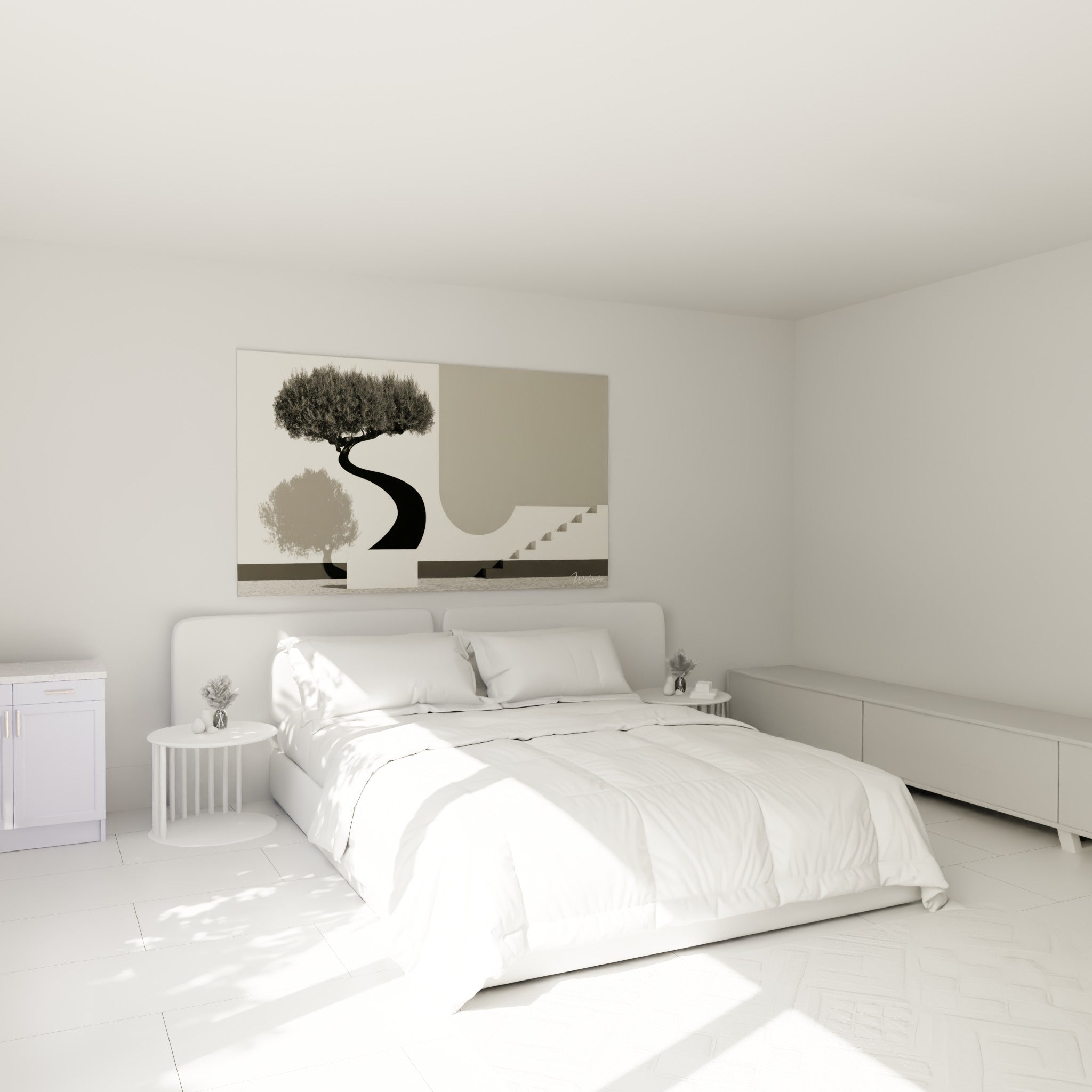 Arbre noir et gris aux formes architecturales, accroché au-dessus d'un lit dans une chambre claire