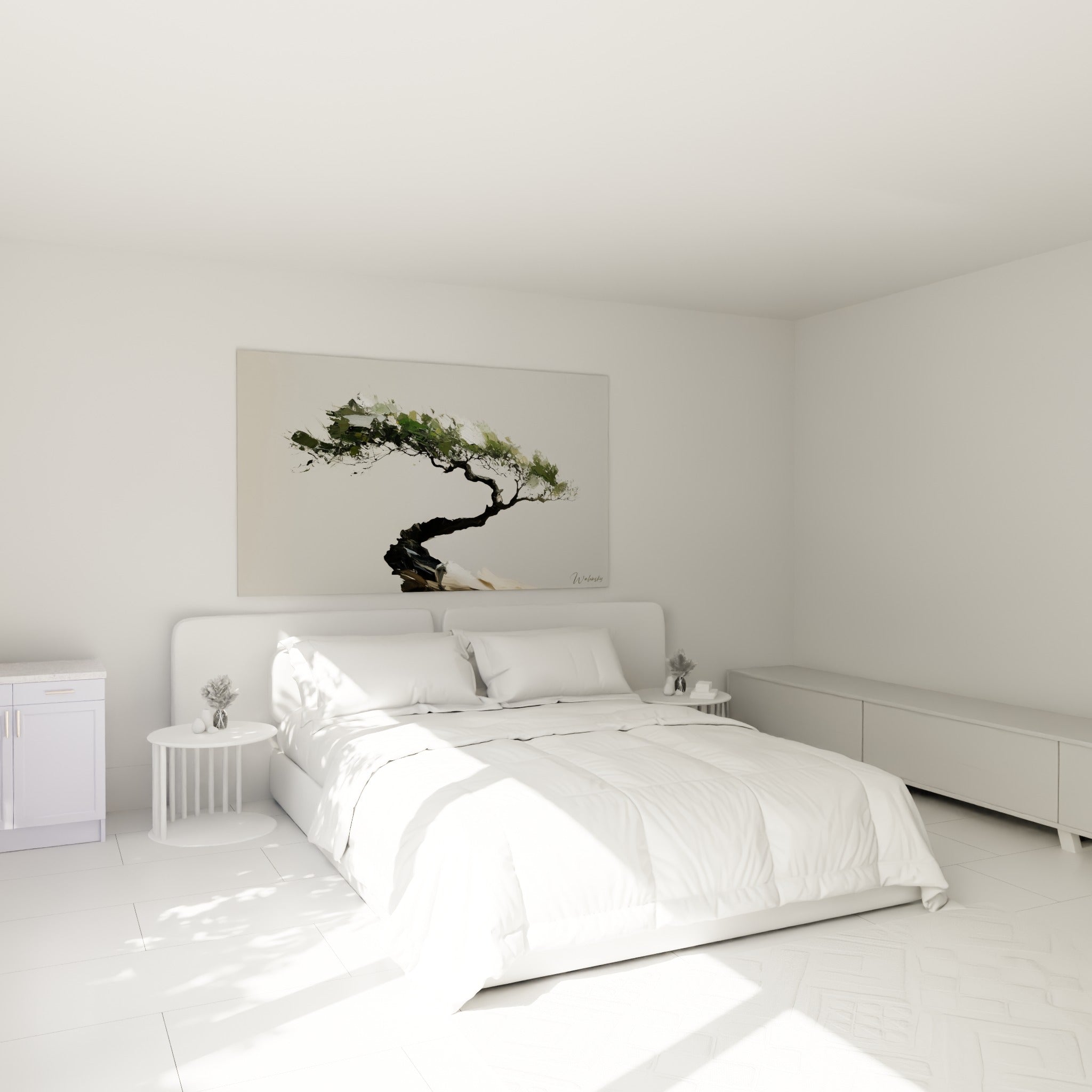 Silhouette d'olivier noueux vert et gris accrochée au-dessus d'un lit dans une chambre claire