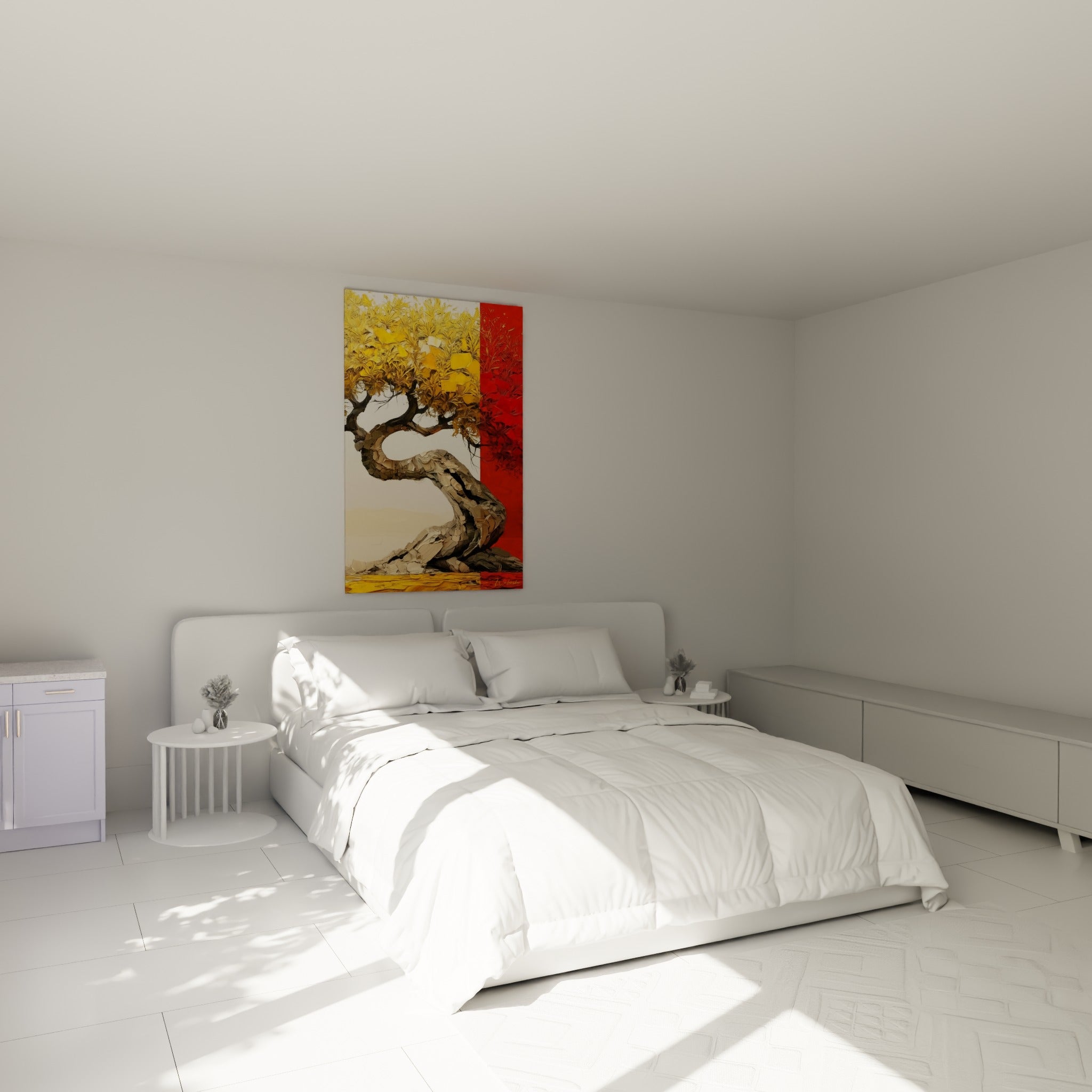 Arbre tordu aux couleurs dorées et écarlates accroché au-dessus d'un lit dans une chambre claire
