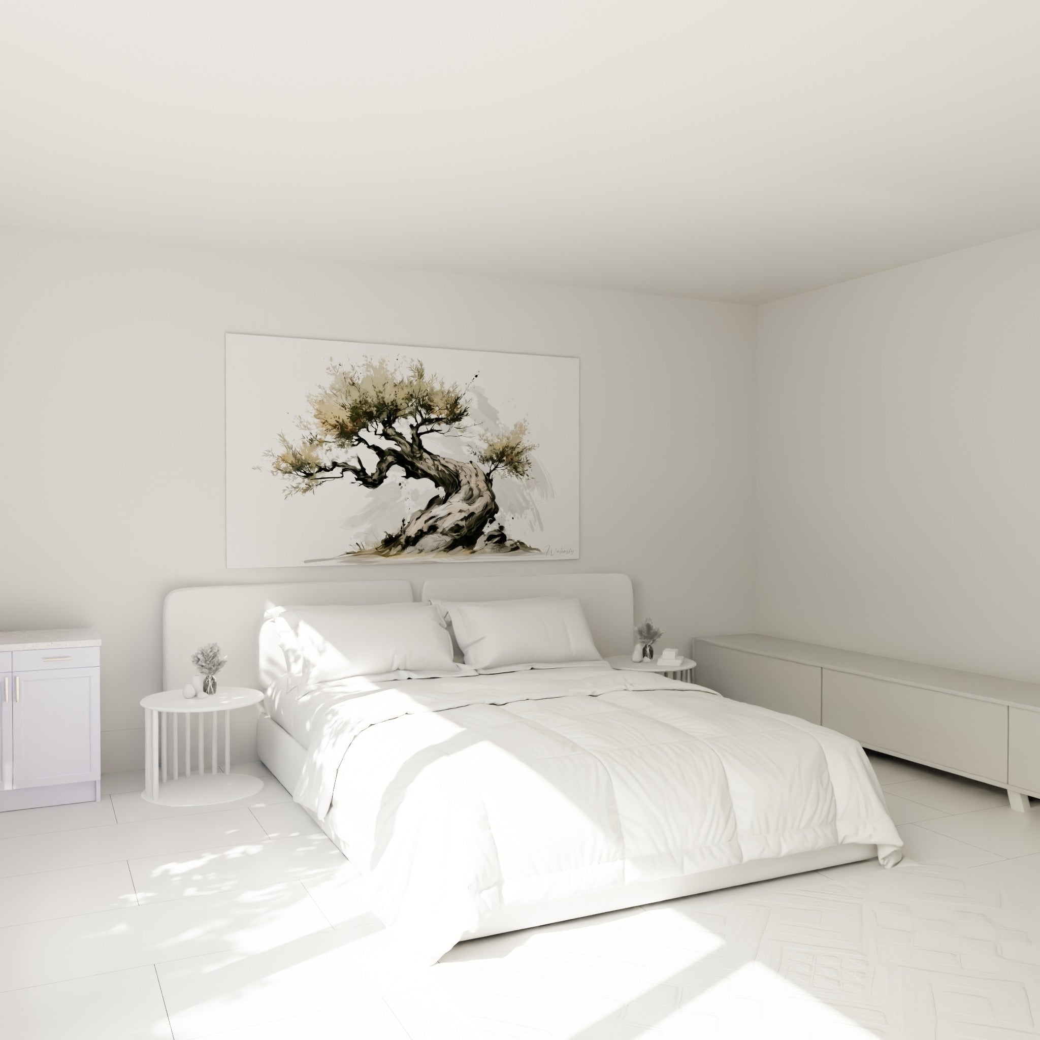 Racines noueuses et feuillage ocre de l'olivier accrochées au-dessus d'un lit dans une chambre claire