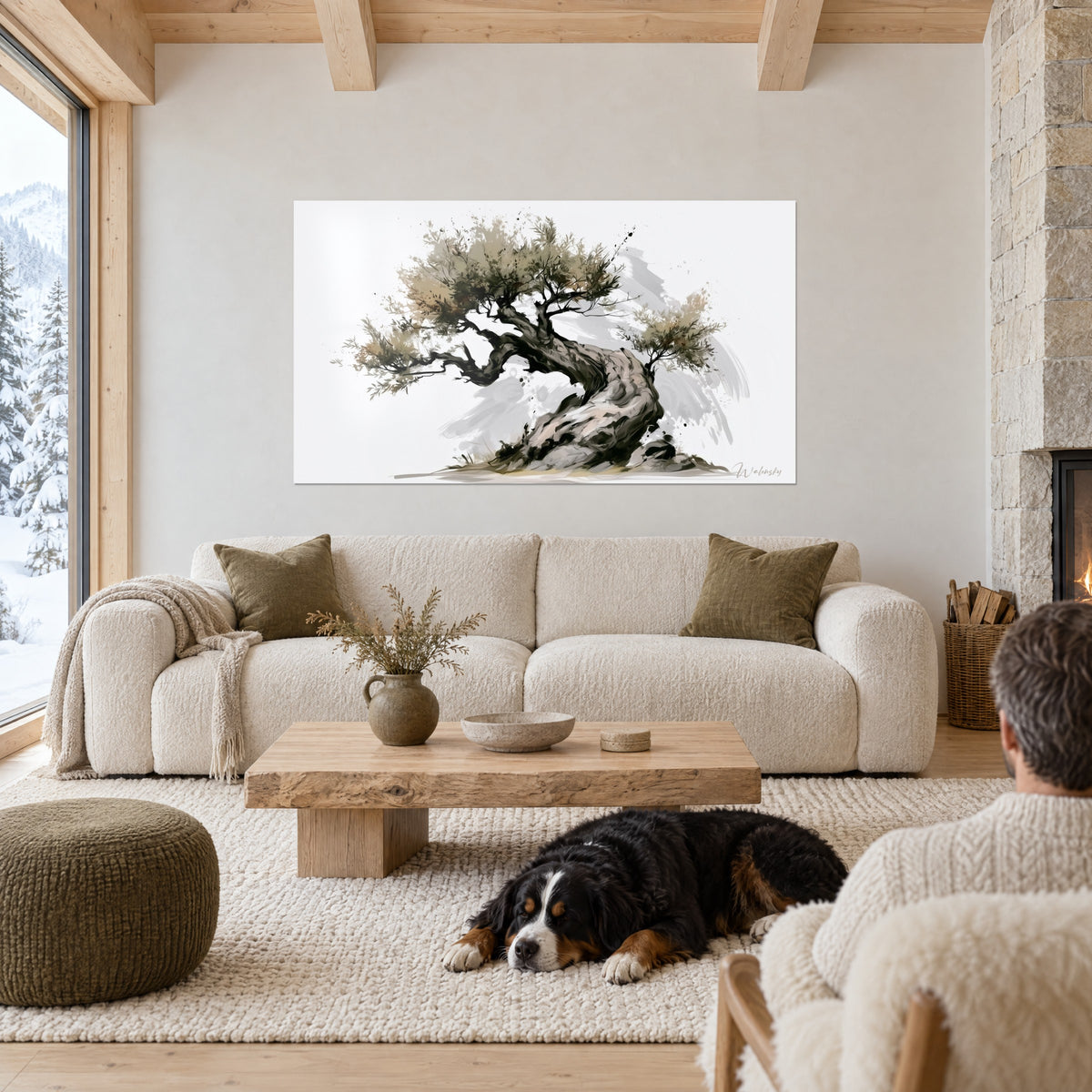 Cuadro olivo retorcido de tronco de piedra gris y follaje beige, perro blanco y negro, encima de un sofá en un salón luminoso