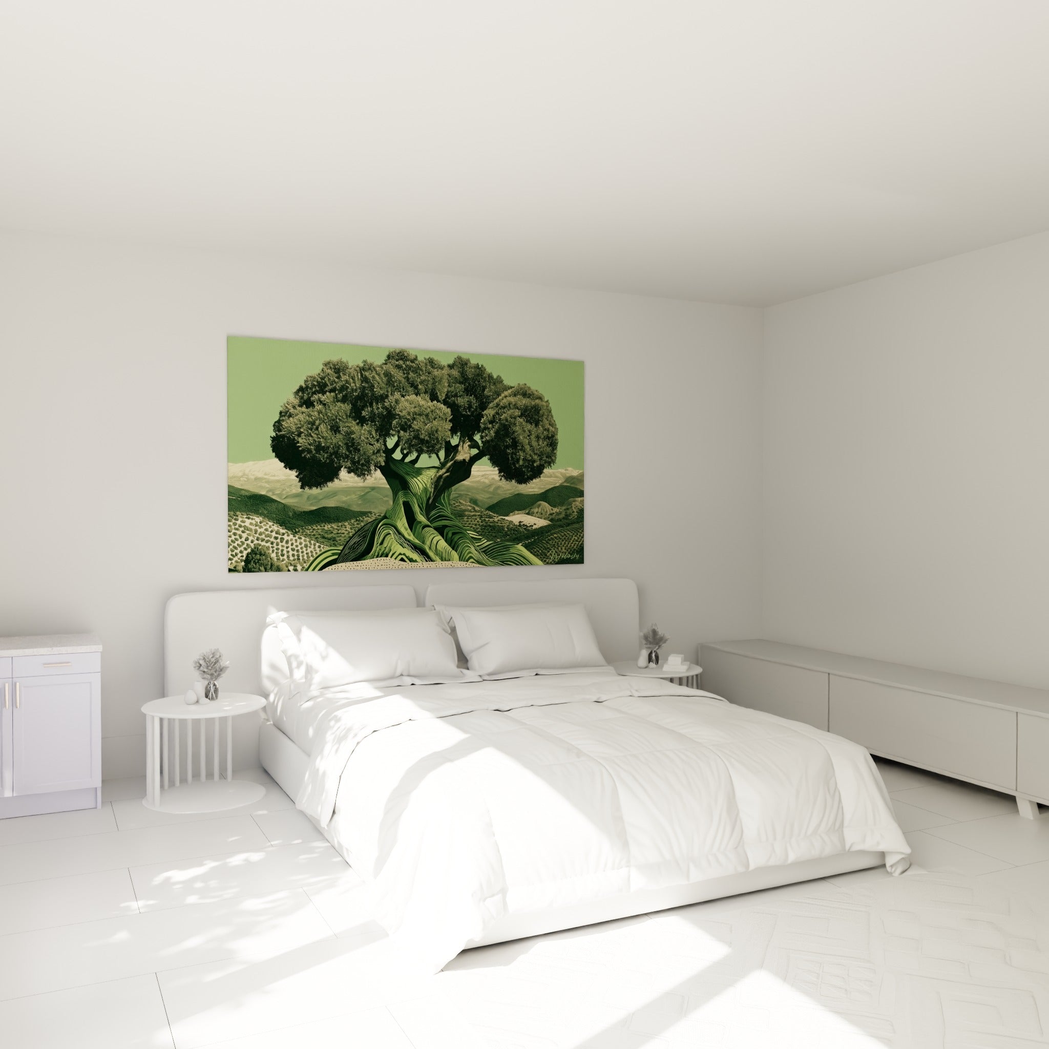 Arbre majestueux vert sauge et beige aux racines ondulantes au-dessus d'un lit dans une chambre claire