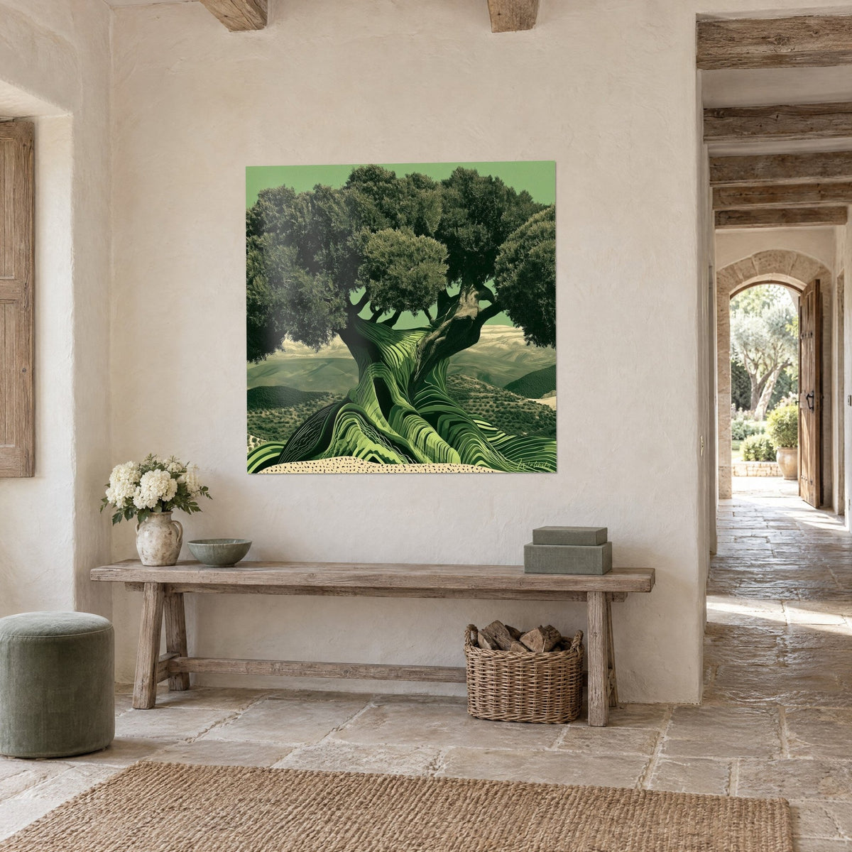 Quadro di un albero millenario in campiture verdi e beige sabbia, colline lontane, appeso in una casa di campagna in pietra